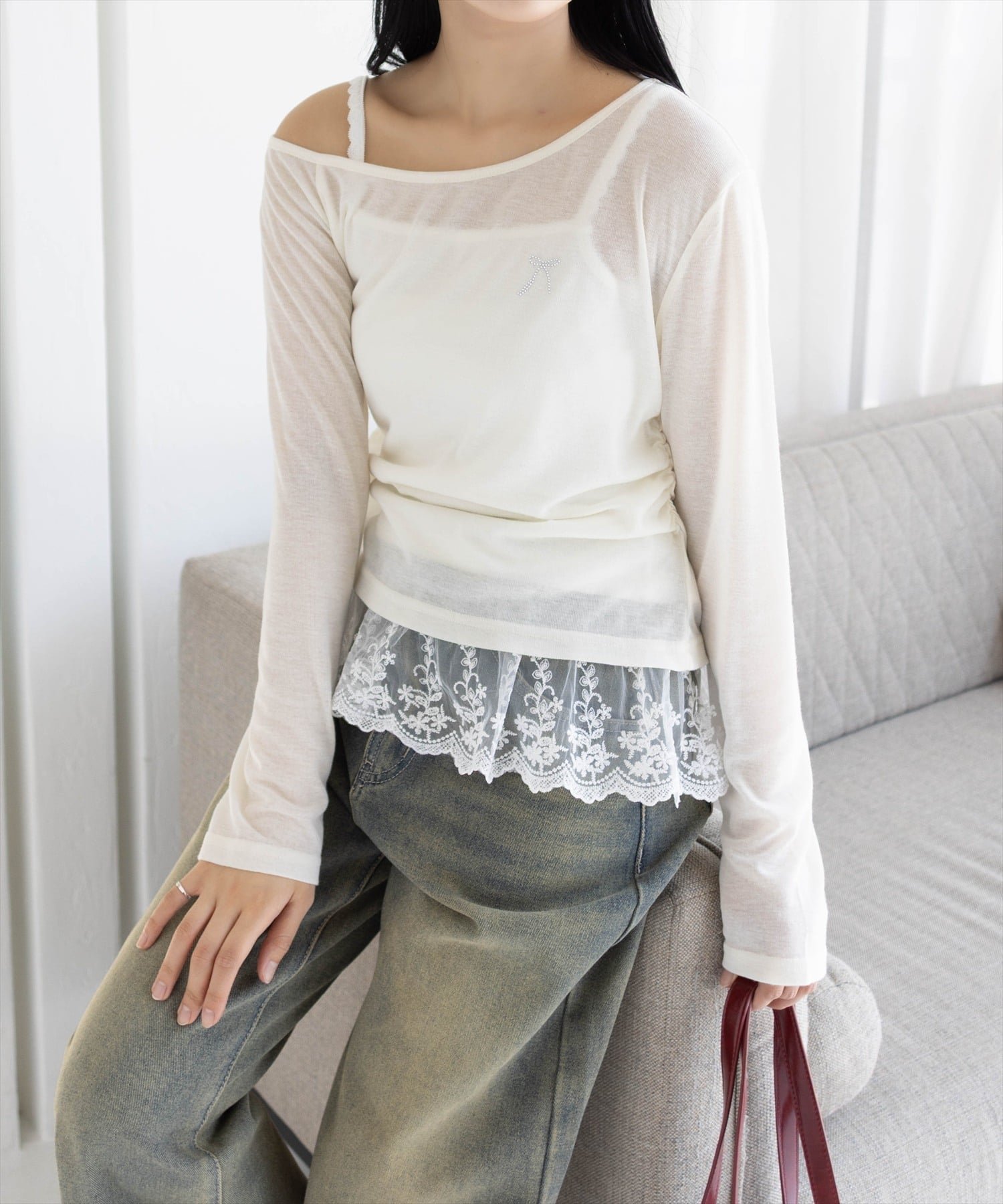 【クリア/clear】のサイドシャーリングワンショルカットソー レースキャミセット インテリア・キッズ・メンズ・レディースファッション・服の通販 founy(ファニー) 　ファッション　Fashion　レディースファッション　Fashion for Women　トップス・カットソー　Cut & Sew Tops　キャミソール&ノースリーブ　Camisoles & Sleeveless Tops　カットソー・ベーシックTシャツ　Cut-and-Sewn Tops / Stretch Tees & Basics　カットソー　Cut and Sewn Top　カーゴパンツ　Cargo Pants, Utility Pants　ガーリー　Girly, Feminine Style　ストーン　Stone, Gem-Like　スラックス　Slacks, Dress Pants　ダウン　Down, Puffer　ダメージ　Distressed, Destroyed　ティアードスカート　Tiered Skirt, Flounced Skirt　デニム　Denim, Jeans Material　フェミニン　Feminine, Girly　ミックス　Mix, Mixed Style　リボン　Ribbon, Bow　レース　Lace, Lace Fabric　ワンショル　One Shoulder, Asymmetrical　ワンポイント　One Point, Statement Accent　おすすめ　Recommended / Our Picks　IV|ID: prp329100004763328 ipo3291000000034609347