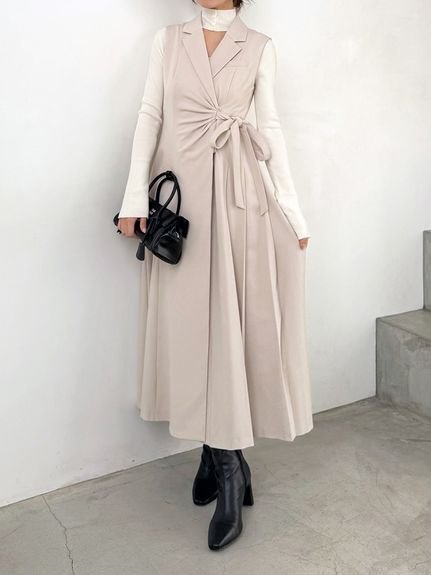 【スナイデル/SNIDEL】のSustainableサイドプリーツテーラードワンピース インテリア・キッズ・メンズ・レディースファッション・服の通販 founy(ファニー) 　ファッション　Fashion　レディースファッション　Fashion for Women　ワンピース　Dresses　アシンメトリー　Asymmetrical Style　ウェーブ　Wavy Pattern　エレガント 上品　Elegant　今季　This Season, Current Season　スマート　Smart, Elegant　スーツ　Suit, Formalwear　ダブル　Double, Double-Breasted　ハイネック　High Neck, Mock Neck　フロント　Front, Front Design　プリーツ　Pleats, Pleated　ラップ　Wrap, Wrap Design　リボン　Ribbon, Bow　ロング　Long, Long-Length　おすすめ　Recommended / Our Picks　LBEG[035]|ID: prp329100004763410 ipo3291000000034481076