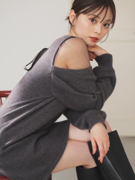 【スナイデル/SNIDEL】のシースルーショルダーニットワンピース インテリア・キッズ・メンズ・レディースファッション・服の通販 founy(ファニー) 　ファッション　Fashion　レディースファッション　Fashion for Women　ワンピース　Dresses　ニットワンピース　Knit Dresses　サテン　Satin, Glossy Fabric　ストレート　Straight, Straight Cut　スマート　Smart, Elegant　スリット　Slit, Slit Detail　チュール　Tulip, Tulip Motif　定番　Standard, Basic Item　人気　Popular, Best Seller　ラベンダー　Lavender　リボン　Ribbon, Bow　おすすめ　Recommended / Our Picks　DBRW[059]|ID: prp329100004763411 ipo3291000000035264352