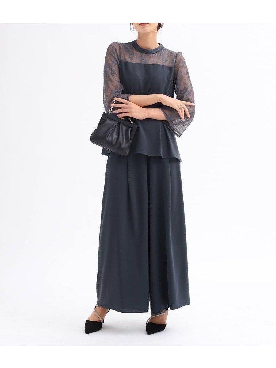 【ヴァン/Vin】のペプラム切替ブラウス パンツセットアップ インテリア・キッズ・メンズ・レディースファッション・服の通販 founy(ファニー) ファッション Fashion レディースファッション Fashion for Women セットアップ Matching Sets レディースパンツ・ボトムス Pants & Trousers / Bottoms オケージョン Occasion Wear セットアップ Set-Up, Coordinated Outfit チュール Tulip, Tulip Motif ペプラム Peplum, Flared Hem レース Lace, Lace Fabric ワイド Wide, Wide Fit 切替 Switching, Contrast Panel ダークブルー|ID: prp329100004763429 ipo3291000000034481196