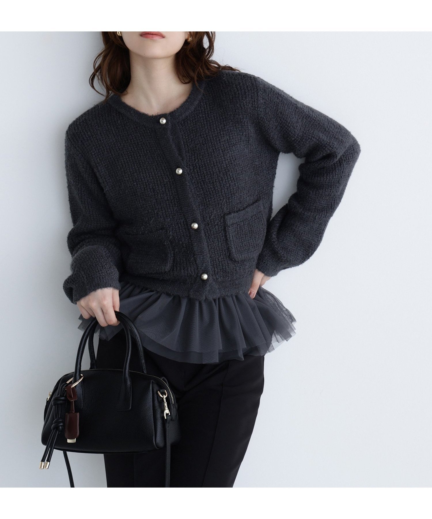 【ナチュラル ビューティー ベーシック/NATURAL BEAUTY BASIC】のチュールペプラムニットアンサンブル インテリア・キッズ・メンズ・レディースファッション・服の通販 founy(ファニー) 　ファッション　Fashion　レディースファッション　Fashion for Women　トップス・カットソー　Cut & Sew Tops　ニット　Knit Tops & Sweaters　アンサンブルニット　Knit Ensembles & Twin Sets　アンサンブル　Ensemble Set　インナー　Innerwear　カーディガン　Cardigan, Knitwear　クラシカル　Classical, Vintage-Inspired　チュール　Tulip, Tulip Motif　ツイード　Twill, Twill Weave　リブニット　Rib Knit, Ribbed Knit　エレガント 上品　Elegant　半袖　Short Sleeve, Half Sleeve　チャコール1|ID: prp329100004763465 ipo3291000000034600731