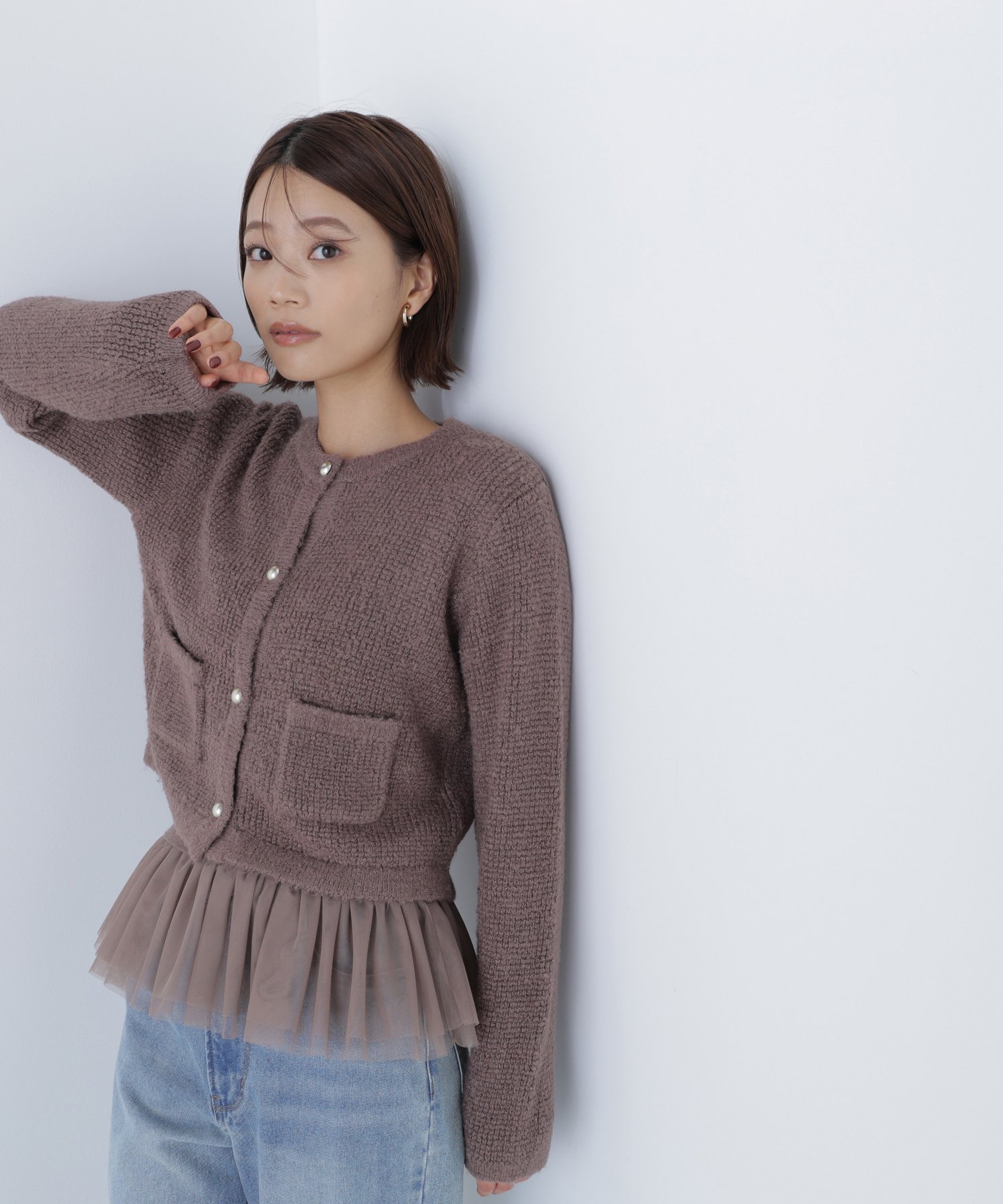 【ナチュラル ビューティー ベーシック/NATURAL BEAUTY BASIC】のチュールペプラムニットアンサンブル インテリア・キッズ・メンズ・レディースファッション・服の通販 founy(ファニー) 　ファッション　Fashion　レディースファッション　Fashion for Women　トップス・カットソー　Cut & Sew Tops　ニット　Knit Tops & Sweaters　アンサンブルニット　Knit Ensembles & Twin Sets　アンサンブル　Ensemble Set　インナー　Innerwear　カーディガン　Cardigan, Knitwear　クラシカル　Classical, Vintage-Inspired　チュール　Tulip, Tulip Motif　ツイード　Twill, Twill Weave　リブニット　Rib Knit, Ribbed Knit　エレガント 上品　Elegant　半袖　Short Sleeve, Half Sleeve　ブラウン|ID: prp329100004763465 ipo3291000000034600732