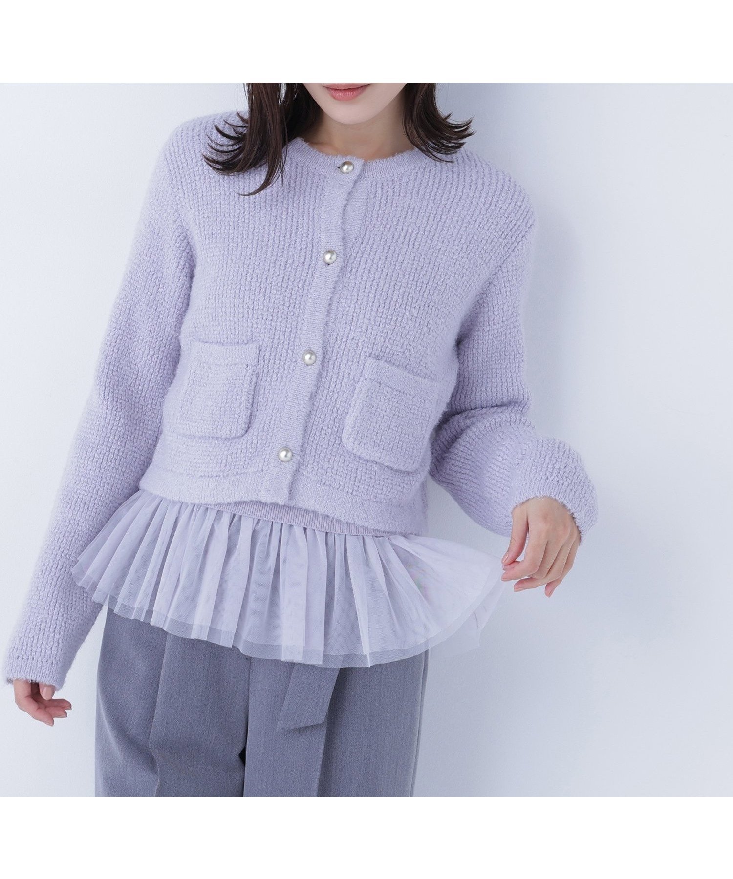 【ナチュラル ビューティー ベーシック/NATURAL BEAUTY BASIC】のチュールペプラムニットアンサンブル インテリア・キッズ・メンズ・レディースファッション・服の通販 founy(ファニー) 　ファッション　Fashion　レディースファッション　Fashion for Women　トップス・カットソー　Cut & Sew Tops　ニット　Knit Tops & Sweaters　アンサンブルニット　Knit Ensembles & Twin Sets　アンサンブル　Ensemble Set　インナー　Innerwear　カーディガン　Cardigan, Knitwear　クラシカル　Classical, Vintage-Inspired　チュール　Tulip, Tulip Motif　ツイード　Twill, Twill Weave　リブニット　Rib Knit, Ribbed Knit　エレガント 上品　Elegant　半袖　Short Sleeve, Half Sleeve　ラベンダー|ID: prp329100004763465 ipo3291000000034600733