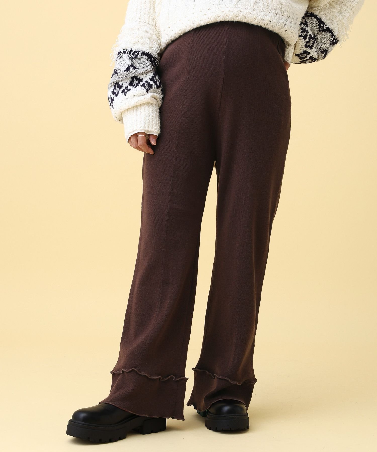 【レプシィム ローリーズファーム/LEPSIM LOWRYS FARM】の【産前・産後対応】マタニティ/フリルニットフレアパンツ インテリア・キッズ・メンズ・レディースファッション・服の通販 founy(ファニー) 　ファッション　Fashion　キッズファッション　Fashion for Kids　ボトムス　Bottoms　おすすめ　Recommended / Our Picks　フリル　Frill, Ruffle　ブラウン58|ID: prp329100004764229 ipo3291000000035166533