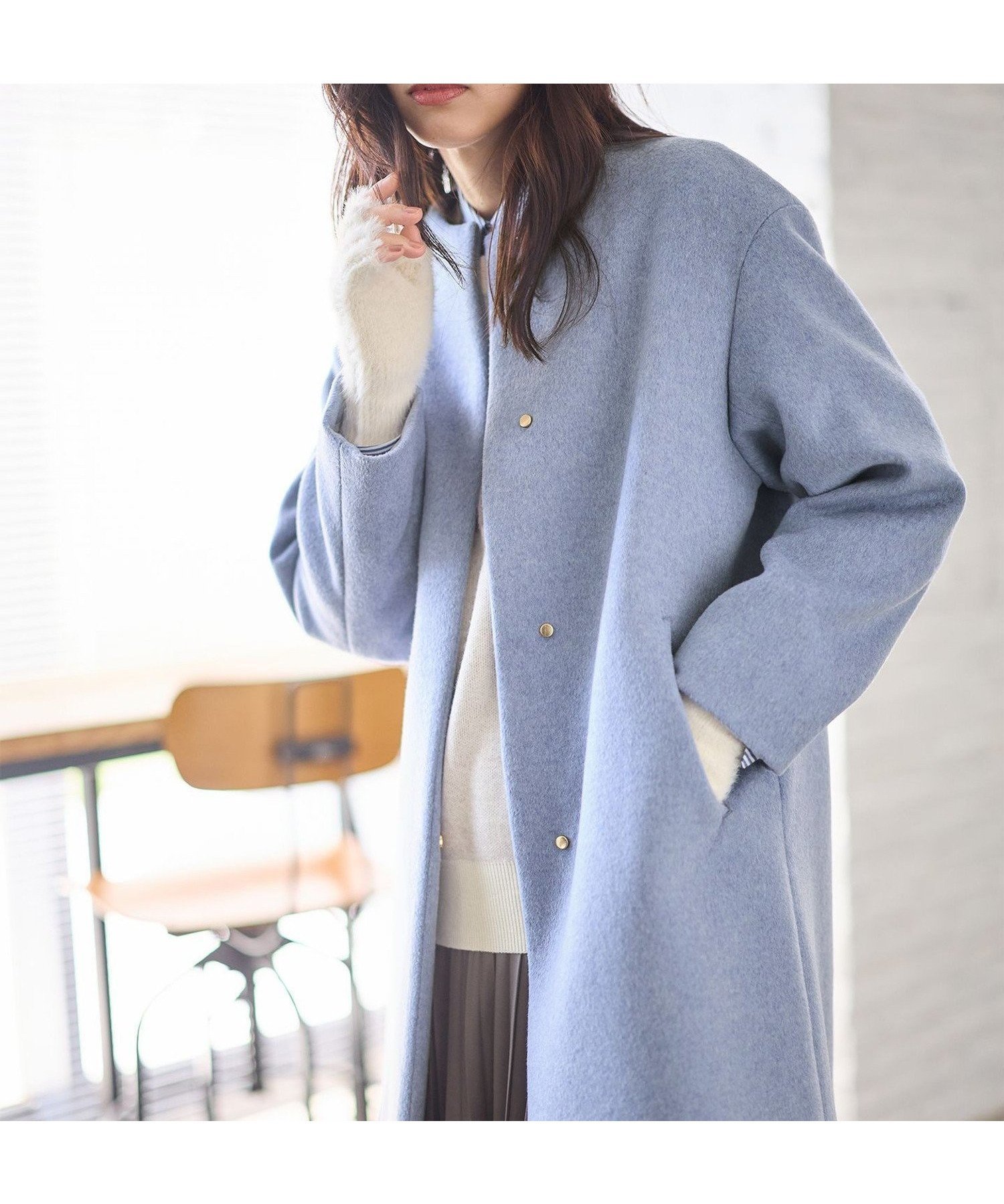 【エニー/ANY】の【防風裏地】カシミヤブレンドコート インテリア・キッズ・メンズ・レディースファッション・服の通販 founy(ファニー) 　ファッション　Fashion　レディースファッション　Fashion for Women　アウター　Coat / Outerwear Collection　コート・ロングコート・ピーコート　Long Coats, Peacoats & More　インナー　Innerwear　ストール　Stole, Wrap　タートルネック　Turtleneck, High Neck　チェック　Check, Plaid, Tartan　人気　Popular, Best Seller　マフラー　Scarf, Muffler　無地　Plain, Solid Color　再入荷　Restock / Back in Stock　おすすめ　Recommended / Our Picks　ブルー[070]|ID: prp329100004765088 ipo3291000000034498132