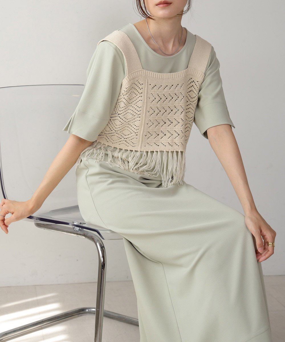 【バブ ブージュルード/Bab Bou Jeloud】の【低身長向けサイズあり】フリンジビスチェ+ワンピースセット インテリア・キッズ・メンズ・レディースファッション・服の通販 founy(ファニー) 　ファッション　Fashion　レディースファッション　Fashion for Women　ワンピース　Dresses　エスニック　Ethnic Style　コンパクト　Compact, Small Size　ショルダー　Shoulder, Shoulder Strap　シンプル　Simple, Minimal　スマート　Smart, Elegant　スリット　Slit, Slit Detail　スリーブ　Sleeve, Long Sleeve / Short Sleeve　チェック　Check, Plaid, Tartan　定番　Standard, Basic Item　ハーフ　Half, Half-Length　ビスチェ　Bustier, Corset Top　フラット　Flat, Flat Shoes　フリンジ　Fringe, Tassel　ペチコート　Petticoat, Underskirt　ラウンド　Round, Round Neck　再入荷　Restock / Back in Stock　エレガント 上品　Elegant　L.GREEN|ID: prp329100004765194 ipo3291000000034498994