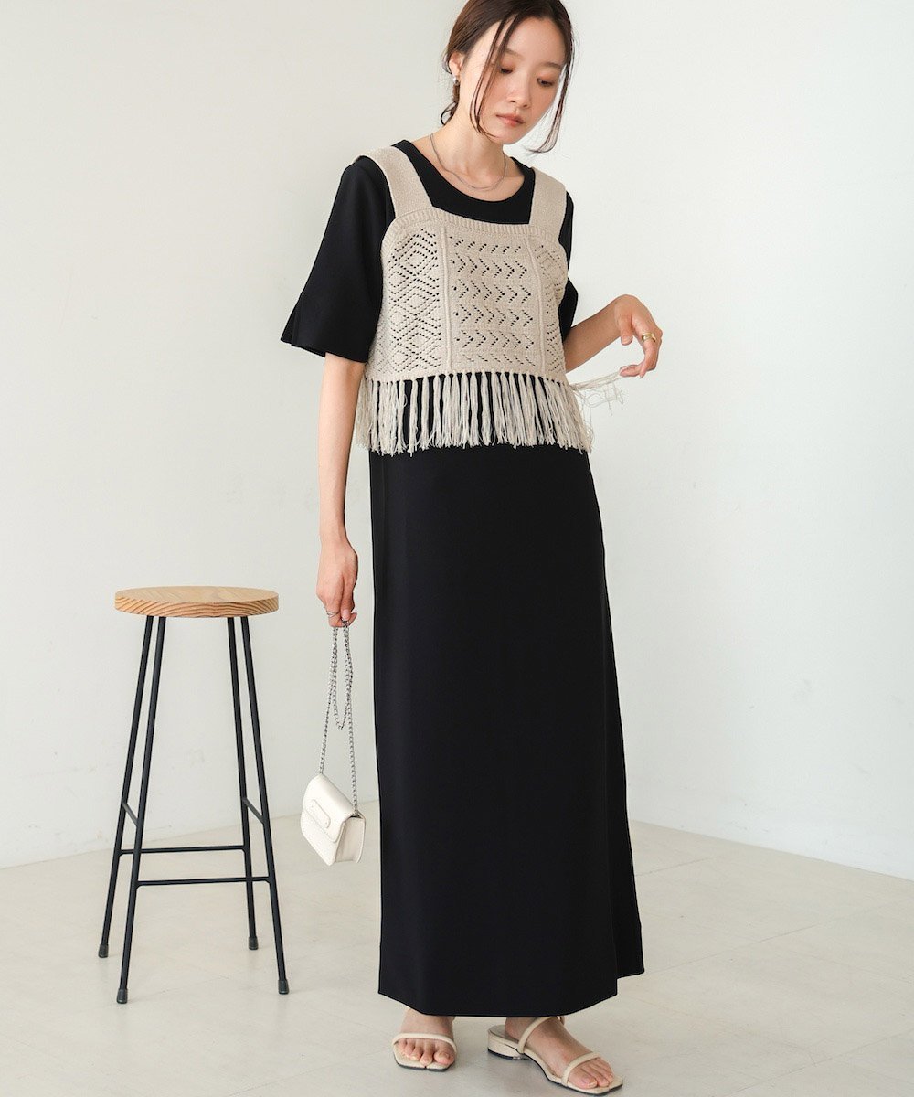 【バブ ブージュルード/Bab Bou Jeloud】の【低身長向けサイズあり】フリンジビスチェ+ワンピースセット インテリア・キッズ・メンズ・レディースファッション・服の通販 founy(ファニー) 　ファッション　Fashion　レディースファッション　Fashion for Women　ワンピース　Dresses　エスニック　Ethnic Style　コンパクト　Compact, Small Size　ショルダー　Shoulder, Shoulder Strap　シンプル　Simple, Minimal　スマート　Smart, Elegant　スリット　Slit, Slit Detail　スリーブ　Sleeve, Long Sleeve / Short Sleeve　チェック　Check, Plaid, Tartan　定番　Standard, Basic Item　ハーフ　Half, Half-Length　ビスチェ　Bustier, Corset Top　フラット　Flat, Flat Shoes　フリンジ　Fringe, Tassel　ペチコート　Petticoat, Underskirt　ラウンド　Round, Round Neck　再入荷　Restock / Back in Stock　エレガント 上品　Elegant　BLACK|ID: prp329100004765194 ipo3291000000034498997