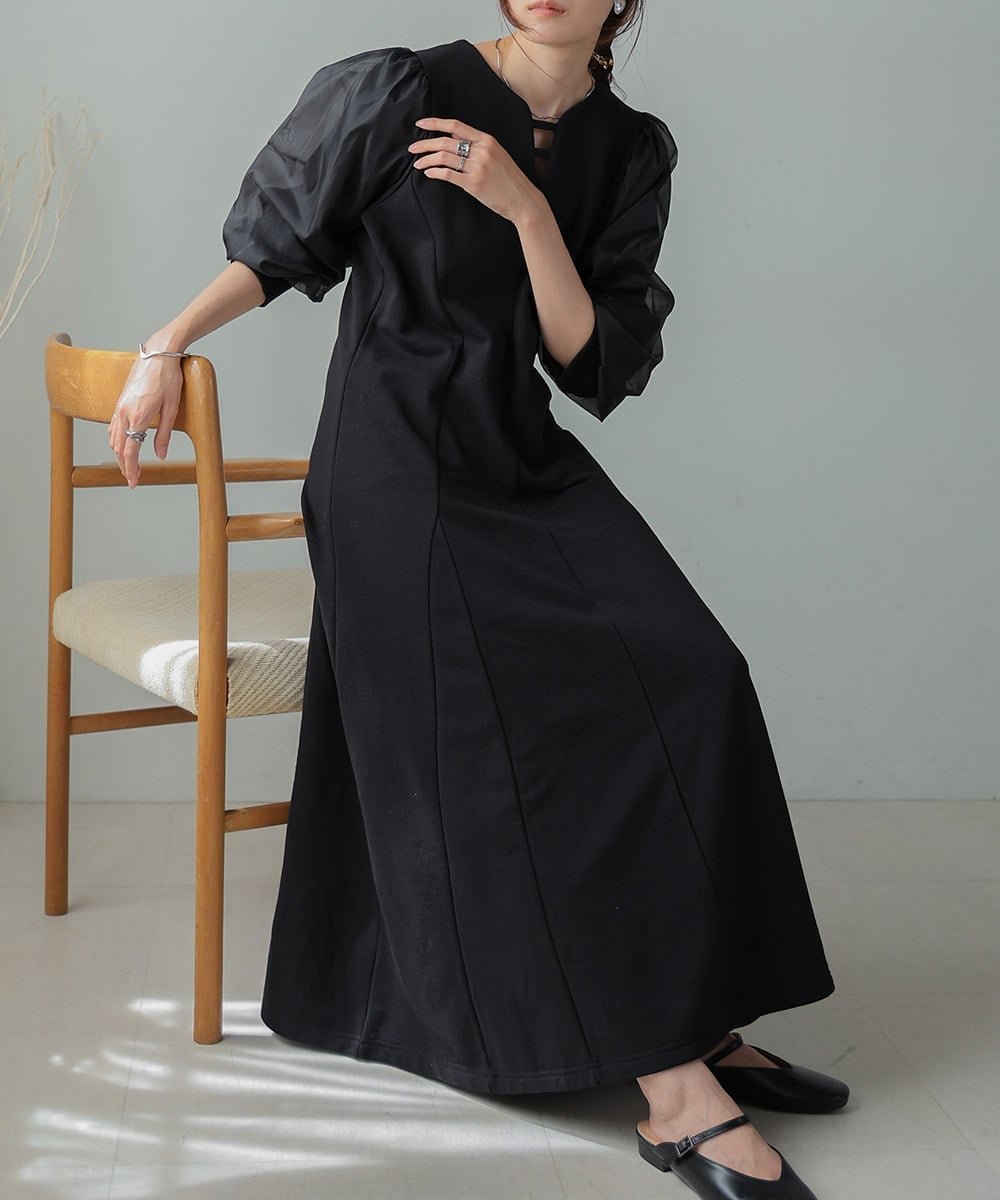 【バブ ブージュルード/Bab Bou Jeloud】の【低身長向けサイズあり】フレアーライン長袖オーガンジーワンピース インテリア・キッズ・メンズ・レディースファッション・服の通販 founy(ファニー) 　ファッション　Fashion　レディースファッション　Fashion for Women　ワンピース　Dresses　オーガンジー　Organza Fabric　春　Spring　シアー　Sheer, See-Through　スマート　Smart, Elegant　チェック　Check, Plaid, Tartan　長袖　Long Sleeve, Full Sleeve　フレア　Flare, Flared　フロント　Front, Front Design　A/W・秋冬　Autumn/Winter　S/S・春夏　SS, Spring/Summer, Warm Season　再入荷　Restock / Back in Stock　夏　Summer　BLACK|ID: prp329100004765196 ipo3291000000034499004