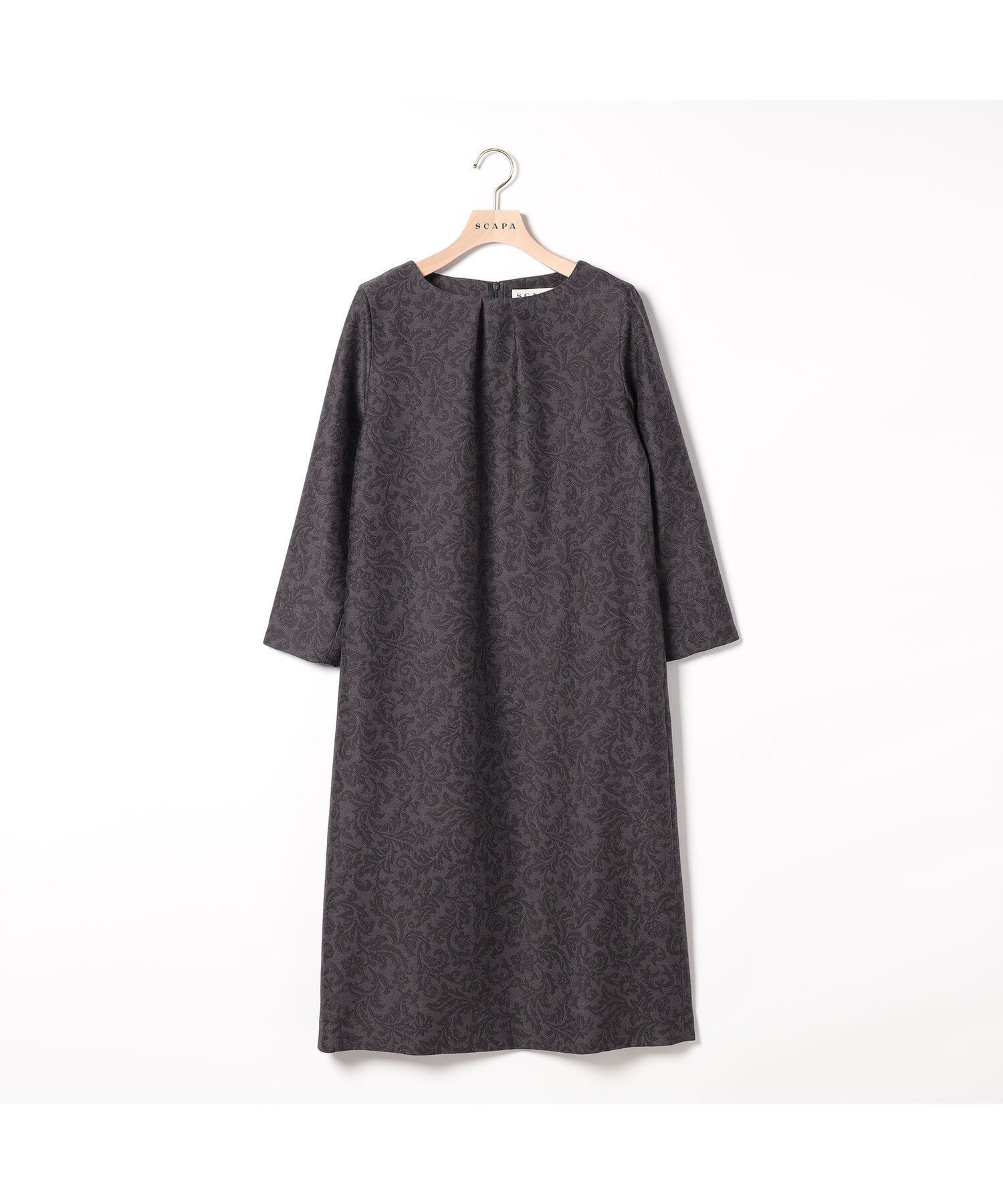 【スキャパ/SCAPA】のガーデンジャカードワンピース インテリア・キッズ・メンズ・レディースファッション・服の通販 founy(ファニー) 　ファッション　Fashion　レディースファッション　Fashion for Women　ワンピース　Dresses　エレガント 上品　Elegant　ガーデン　Garden, Gardening　シンプル　Simple, Minimal　フォルム　Silhouette, Form　フロント　Front, Front Design　ボタニカル　Botanical, Floral Pattern　モチーフ　Motif, Design Theme　グレー|ID: prp329100004765228 ipo3291000000034499178