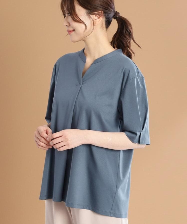 【リフレクト/Reflect】の【すっきり見え!長め丈/マシンウォッシュ可】スキッパーネックジャージトップス インテリア・キッズ・メンズ・レディースファッション・服の通販 founy(ファニー) 　ファッション　Fashion　レディースファッション　Fashion for Women　トップス・カットソー　Cut & Sew Tops　シルケット　Silket, Silky Cotton　スキッパー　Skipper, Open Collar　スマート　Smart, Elegant　スーピマ　Supima, Premium Cotton　フレア　Flare, Flared　ベーシック　Basic, Essential　ブルー|ID: prp329100004765360 ipo3291000000034500169