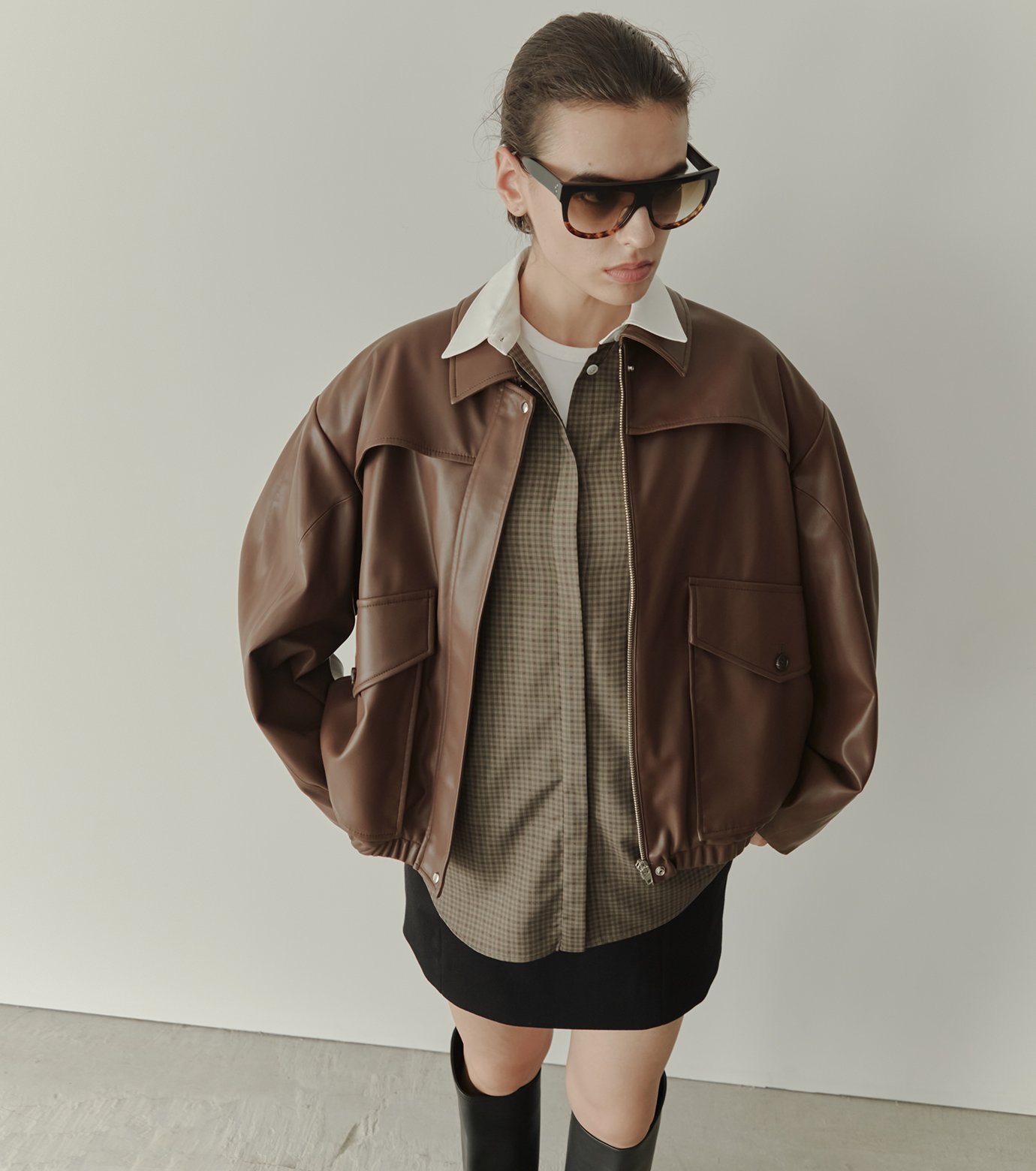 【ルシェル ブルー/LE CIEL BLEU】のフェイクレザーブルゾン / Faux Leather Blouson インテリア・キッズ・メンズ・レディースファッション・服の通販 founy(ファニー) 　ファッション　Fashion　レディースファッション　Fashion for Women　アウター　Coat / Outerwear Collection　ブルゾンジャケット・スポーティアウター　Blouson Jackets　スウェット / スエット　Sweatshirt, Sweatwear　スリーブ　Sleeve, Long Sleeve / Short Sleeve　ブルゾン　Blouson, Bomber Jacket　ブラウン|ID: prp329100004765411 ipo3291000000034500694