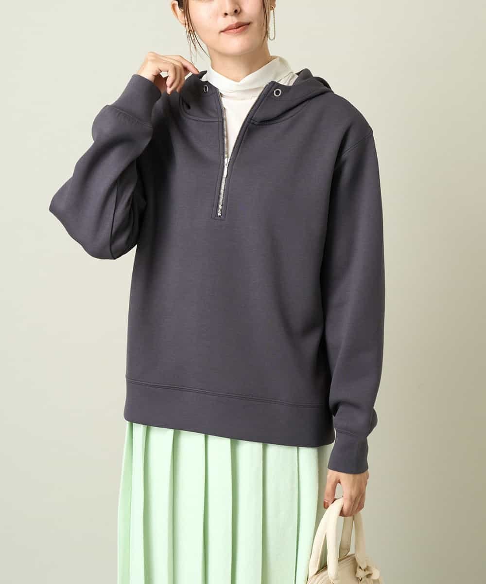 【アー ヴェー ヴェー/a.v.v】のハーフジップフーディー インテリア・キッズ・メンズ・レディースファッション・服の通販 founy(ファニー) 　ファッション　Fashion　レディースファッション　Fashion for Women　カットソー　Cut and Sewn Top　デニム　Denim, Jeans Material　なめらか　Smooth, Silky Texture　パーカー　Hoodie, Parka　フェミニン　Feminine, Girly　フレア　Flare, Flared　メタル　Metal, Metal Parts　再入荷　Restock / Back in Stock　おすすめ　Recommended / Our Picks　ダークグレー|ID: prp329100004765470 ipo3291000000034663637