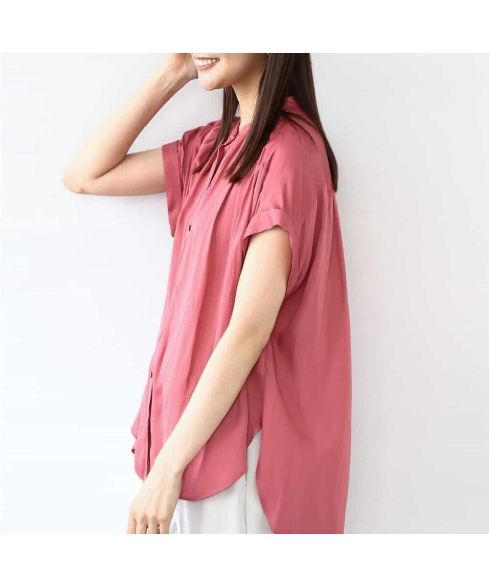 【エムケイ ミッシェルクラン/MK MICHEL KLEIN】のバンドカラーサテンブラウス/接触冷感/洗える インテリア・キッズ・メンズ・レディースファッション・服の通販 founy(ファニー) 　ファッション　Fashion　レディースファッション　Fashion for Women　トップス・カットソー　Cut & Sew Tops　シャツ・ブラウス・オフィスカジュアル　Elegant Blouses & Button-Ups　春　Spring　洗える　Machine Washable　秋　Autumn　ギャザー　Gathered, Ruffled　サテン　Satin, Glossy Fabric　セットアップ　Set-Up, Coordinated Outfit　ボトム　Bottoms, Lower Wear　メタル　Metal, Metal Parts　冬　Winter / This Winter　夏　Summer　ピンク|ID: prp329100004765616 ipo3291000000034502456