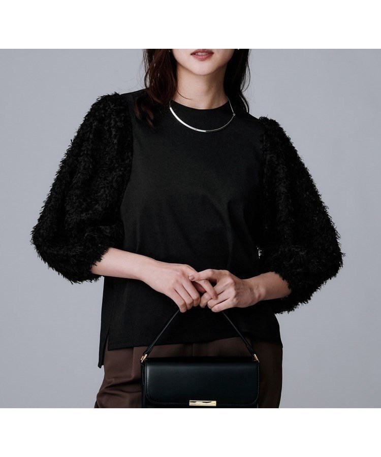 【アンタイトル/UNTITLED】の【丸首/Tシャツ風/短丈】シャギースリーブ ポンチカットソー インテリア・キッズ・メンズ・レディースファッション・服の通販 founy(ファニー) 　ファッション　Fashion　レディースファッション　Fashion for Women　トップス・カットソー　Cut & Sew Tops　シャツ・ブラウス・オフィスカジュアル　Elegant Blouses & Button-Ups　ロングTシャツ・Tシャツ　Longline T-Shirts & Tees　カットソー・ベーシックTシャツ　Cut-and-Sewn Tops / Stretch Tees & Basics　秋　Autumn　シアー　Sheer, See-Through　ジャカード／ジャガード　Jacquard, Woven Pattern　スマート　Smart, Elegant　スリーブ　Sleeve, Long Sleeve / Short Sleeve　デニム　Denim, Jeans Material　トレンド　Trend, Trending Now　ドレープ　Drape, Draping Fabric　バランス　Balance, Style Balance　フェザー　Feather, Feather Detail　フォルム　Silhouette, Form　ベーシック　Basic, Essential　おすすめ　Recommended / Our Picks　ブラック|ID: prp329100004765647 ipo3291000000034502747