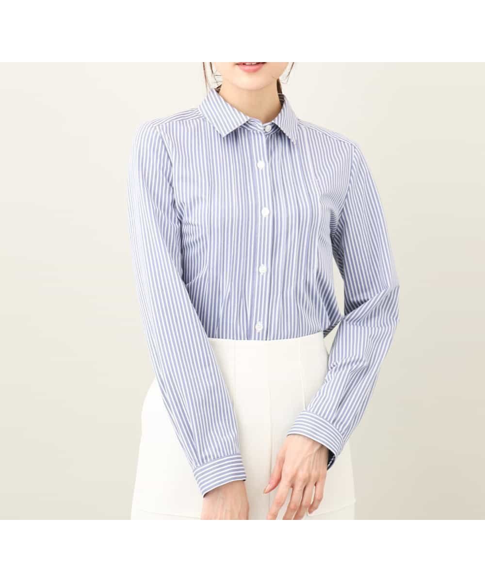 【エムケイ ミッシェルクラン/MK MICHEL KLEIN】のストレッチジャージシャツ/洗える インテリア・キッズ・メンズ・レディースファッション・服の通販 founy(ファニー) 　ファッション　Fashion　レディースファッション　Fashion for Women　トップス・カットソー　Cut & Sew Tops　シャツ・ブラウス・オフィスカジュアル　Elegant Blouses & Button-Ups　コンパクト　Compact, Small Size　ストライプ　Stripe, Striped Pattern　パターン　Pattern, Design Print　ベーシック　Basic, Essential　人気　Popular, Best Seller　ビジネス 仕事 通勤　Business / Work / Commuting　定番　Standard, Basic Item　洗える　Machine Washable　ブルー|ID: prp329100004765710 ipo3291000000034503302