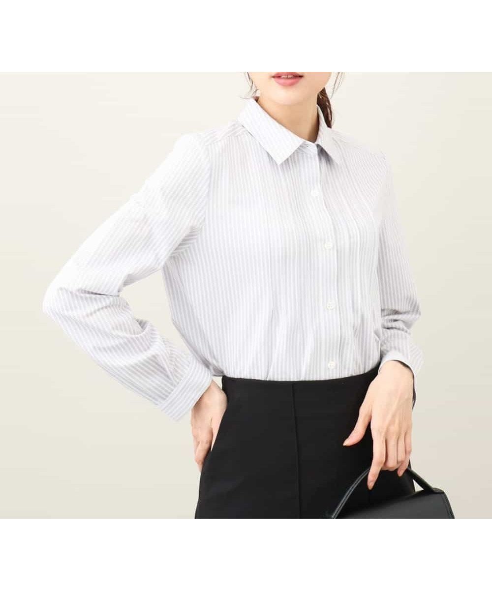 【エムケイ ミッシェルクラン/MK MICHEL KLEIN】のストレッチジャージシャツ/洗える インテリア・キッズ・メンズ・レディースファッション・服の通販 founy(ファニー) 　ファッション　Fashion　レディースファッション　Fashion for Women　トップス・カットソー　Cut & Sew Tops　シャツ・ブラウス・オフィスカジュアル　Elegant Blouses & Button-Ups　コンパクト　Compact, Small Size　ストライプ　Stripe, Striped Pattern　パターン　Pattern, Design Print　ベーシック　Basic, Essential　人気　Popular, Best Seller　ビジネス 仕事 通勤　Business / Work / Commuting　定番　Standard, Basic Item　洗える　Machine Washable　ライトグレー|ID: prp329100004765710 ipo3291000000034503304
