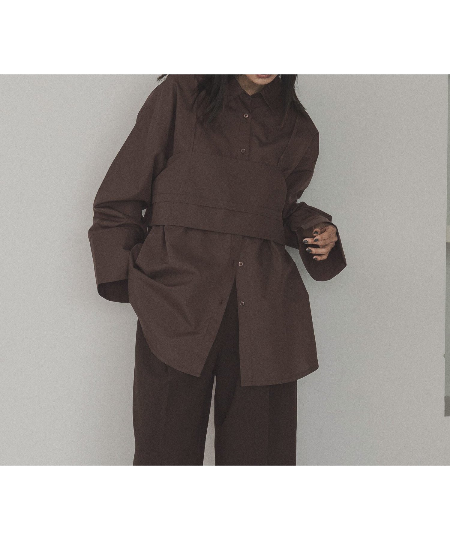 【ヘラム/hellam】のブロード ビスチェアンサンブルシャツ インテリア・キッズ・メンズ・レディースファッション・服の通販 founy(ファニー) 　ファッション　Fashion　レディースファッション　Fashion for Women　トップス・カットソー　Cut & Sew Tops　アンサンブルニット　Knit Ensembles & Twin Sets　シャツ・ブラウス・オフィスカジュアル　Elegant Blouses & Button-Ups　ビスチェ　Bustiers & Corset Tops / Layered Bustier Style　ビスチェ　Bustier, Corset Top　ブロード　Broadcloth, Fine Cotton　ブラウン|ID: prp329100004765739 ipo3291000000034503523