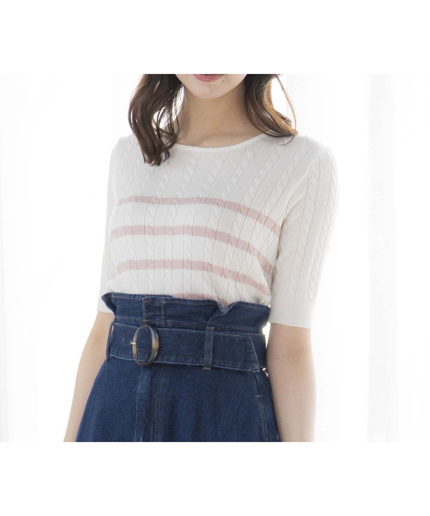 【ノエラ/Noela】のボーダーケーブルニット インテリア・キッズ・メンズ・レディースファッション・服の通販 founy(ファニー) 　ファッション　Fashion　レディースファッション　Fashion for Women　トップス・カットソー　Cut & Sew Tops　ニット　Knit Tops & Sweaters　アクリル　Acrylic Material　クラシカル　Classical, Vintage-Inspired　クラシック　Classic, Timeless Style　コンパクト　Compact, Small Size　サマー　Summer, Summer Style　ジャケット　Jacket, Outerwear　デニム　Denim, Jeans Material　トレンド　Trend, Trending Now　フェミニン　Feminine, Girly　ベスト　Vest, Waistcoat　ボーダー　Border, Stripe　ポケット　Pocket, Pocket Detail　メッシュ　Mesh, Net Fabric　エレガント 上品　Elegant　ピンク|ID: prp329100004765766 ipo3291000000034503761