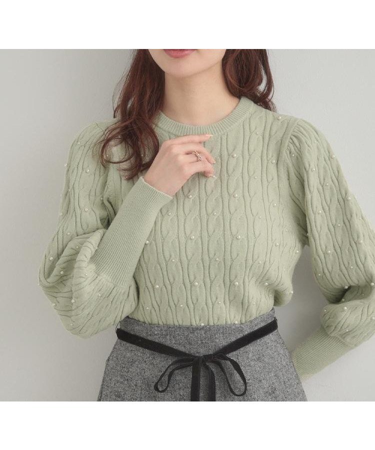 【クチュール ブローチ/Couture Brooch】の【華やぎ・一枚で着映え】ケーブルパール調ニット インテリア・キッズ・メンズ・レディースファッション・服の通販 founy(ファニー) 　ファッション　Fashion　レディースファッション　Fashion for Women　トップス・カットソー　Cut & Sew Tops　ニット　Knit Tops & Sweaters　2025年　2025　2025-2026秋冬・A/W　Autumn/Winter 2025–26 AW25–26　シンプル　Simple, Minimal　スマート　Smart, Elegant　スリーブ　Sleeve, Long Sleeve / Short Sleeve　パール　Pearl, Pearl Accent　フェミニン　Feminine, Girly　ライトグリーン|ID: prp329100004765776 ipo3291000000034637887