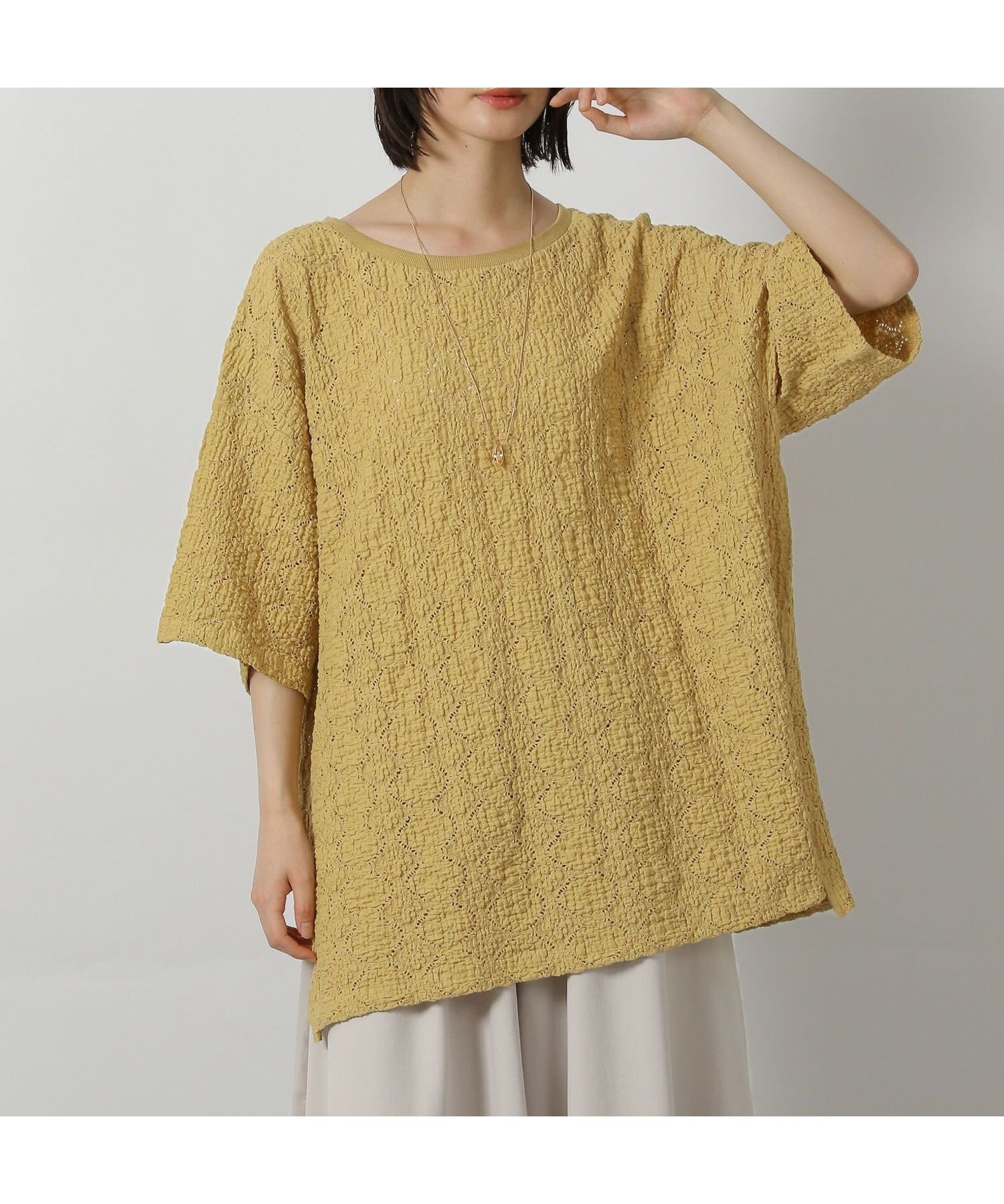 【ラコレ/LAKOLE】のカットレースプルオーバー半袖 インテリア・キッズ・メンズ・レディースファッション・服の通販 founy(ファニー) 　ファッション　Fashion　レディースファッション　Fashion for Women　トップス・カットソー　Cut & Sew Tops　カジュアルプルオーバー・ニットトップス　Pullovers & Knit Tops / Casual Pullovers　スリット　Slit, Slit Detail　デニム　Denim, Jeans Material　ボトム　Bottoms, Lower Wear　リラックス　Relax, Relaxed Fit　レース　Lace, Lace Fabric　ワーク　Workwear, Utility Style　半袖　Short Sleeve, Half Sleeve　イエロー|ID: prp329100004766039 ipo3291000000034507131