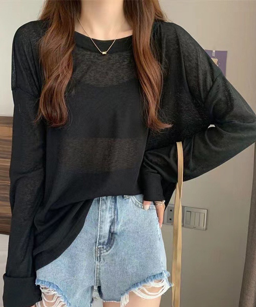 【ミニミニストア/miniministore】のシアートップス重ね着クルーネックTシャツ インテリア・キッズ・メンズ・レディースファッション・服の通販 founy(ファニー) 　ファッション　Fashion　レディースファッション　Fashion for Women　トップス・カットソー　Cut & Sew Tops　シャツ・ブラウス・オフィスカジュアル　Elegant Blouses & Button-Ups　ロングTシャツ・Tシャツ　Longline T-Shirts & Tees　カットソー　Cut and Sewn Top　ショルダー　Shoulder, Shoulder Strap　ショート　Short, Short Length　ドロップ　Drop Shoulder, Dropped Style　ラベンダー　Lavender　リラックス　Relax, Relaxed Fit　夏　Summer　春　Spring　S/S・春夏　SS, Spring/Summer, Warm Season　無地　Plain, Solid Color　長袖　Long Sleeve, Full Sleeve　ブラック|ID: prp329100004766056 ipo3291000000034507707