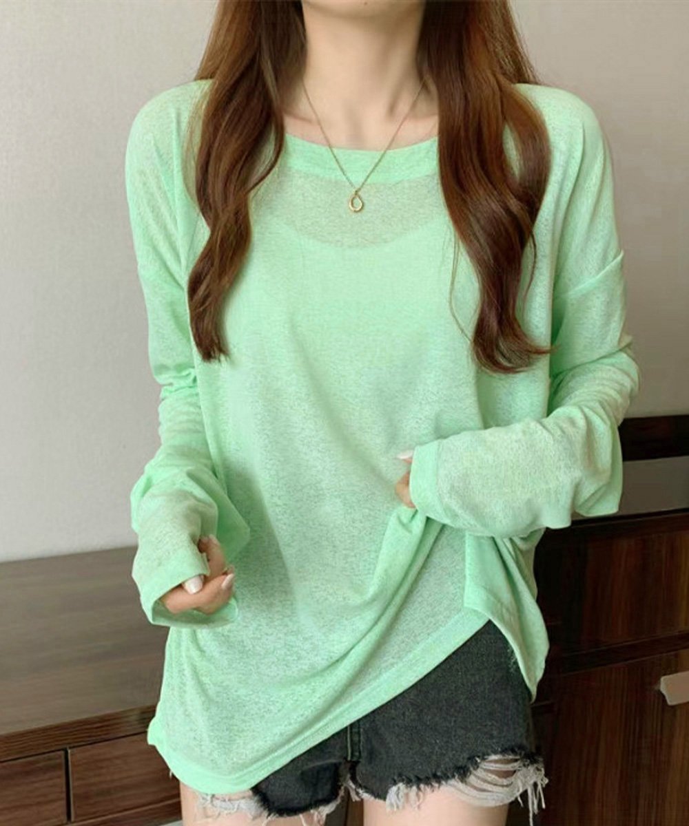 【ミニミニストア/miniministore】のシアートップス重ね着クルーネックTシャツ インテリア・キッズ・メンズ・レディースファッション・服の通販 founy(ファニー) 　ファッション　Fashion　レディースファッション　Fashion for Women　トップス・カットソー　Cut & Sew Tops　シャツ・ブラウス・オフィスカジュアル　Elegant Blouses & Button-Ups　ロングTシャツ・Tシャツ　Longline T-Shirts & Tees　カットソー　Cut and Sewn Top　ショルダー　Shoulder, Shoulder Strap　ショート　Short, Short Length　ドロップ　Drop Shoulder, Dropped Style　ラベンダー　Lavender　リラックス　Relax, Relaxed Fit　夏　Summer　春　Spring　S/S・春夏　SS, Spring/Summer, Warm Season　無地　Plain, Solid Color　長袖　Long Sleeve, Full Sleeve　グリーン|ID: prp329100004766056 ipo3291000000034507710