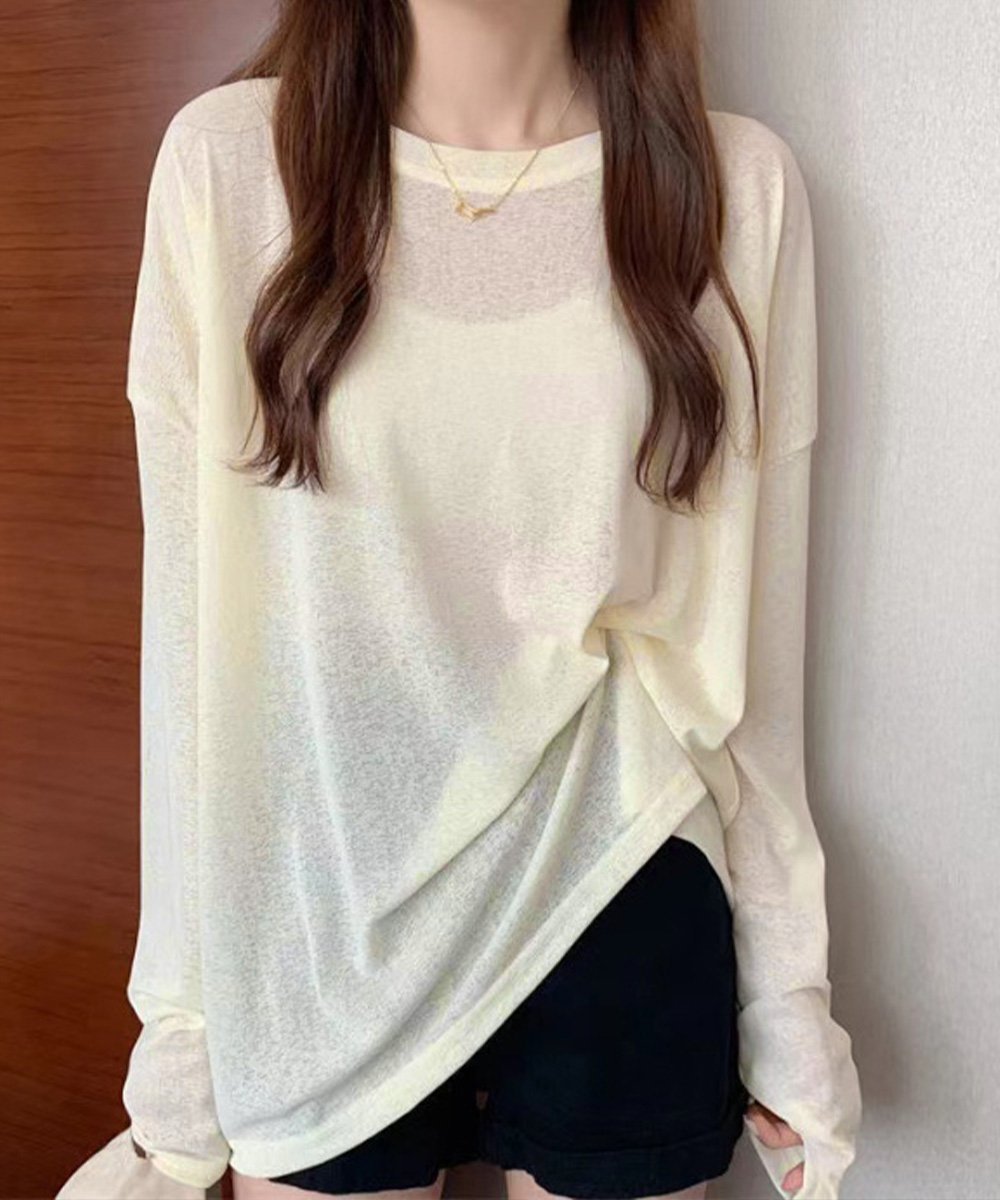 【ミニミニストア/miniministore】のシアートップス重ね着クルーネックTシャツ インテリア・キッズ・メンズ・レディースファッション・服の通販 founy(ファニー) 　ファッション　Fashion　レディースファッション　Fashion for Women　トップス・カットソー　Cut & Sew Tops　シャツ・ブラウス・オフィスカジュアル　Elegant Blouses & Button-Ups　ロングTシャツ・Tシャツ　Longline T-Shirts & Tees　カットソー　Cut and Sewn Top　ショルダー　Shoulder, Shoulder Strap　ショート　Short, Short Length　ドロップ　Drop Shoulder, Dropped Style　ラベンダー　Lavender　リラックス　Relax, Relaxed Fit　夏　Summer　春　Spring　S/S・春夏　SS, Spring/Summer, Warm Season　無地　Plain, Solid Color　長袖　Long Sleeve, Full Sleeve　アイボリー|ID: prp329100004766056 ipo3291000000034507712