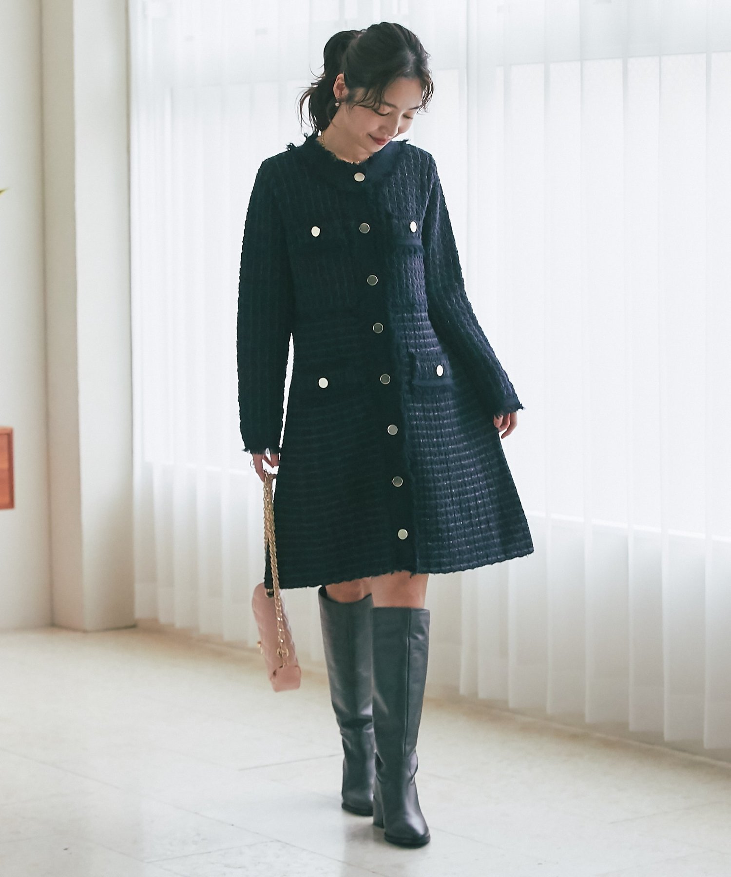 【ラブティックボンボン/La boutique BonBon】のファンシーツイードニットミニワンピース インテリア・キッズ・メンズ・レディースファッション・服の通販 founy(ファニー) 　ファッション　Fashion　レディースファッション　Fashion for Women　ワンピース　Dresses　おすすめ　Recommended / Our Picks　タートルネック　Turtleneck, High Neck　ツイード／ツィード　Choker, Choker Necklace　ツイード　Twill, Twill Weave　トレンド　Trend, Trending Now　フリンジ　Fringe, Tassel　ホリデーシーズン　Holiday Season　ポケット　Pocket, Pocket Detail　エレガント 上品　Elegant　ネイビー|ID: prp329100004766184 ipo3291000000034508890