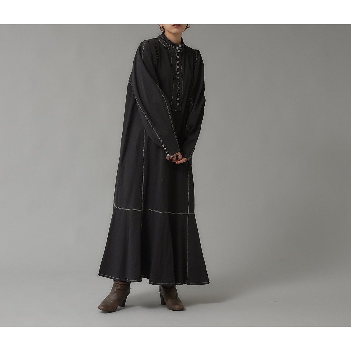 【ノミネ/NOMINE】の【WEB限定】バイカラーステッチパターンワンピース インテリア・キッズ・メンズ・レディースファッション・服の通販 founy(ファニー) 　ファッション　Fashion　レディースファッション　Fashion for Women　ワンピース　Dresses　フレア　Flare, Flared　マーメイド　Mermaid, Fishtail Silhouette　ブラック|ID: prp329100004766208 ipo3291000000034509043