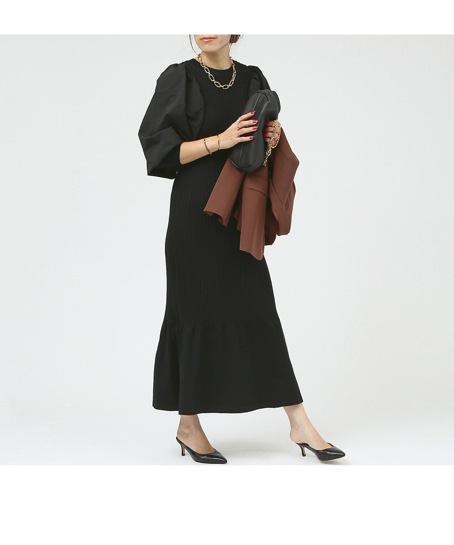 【ルージュヴィフラクレ/Rouge vif la cle】のファブリック スリーブニットワンピース インテリア・キッズ・メンズ・レディースファッション・服の通販 founy(ファニー) 　ファッション　Fashion　レディースファッション　Fashion for Women　ワンピース　Dresses　ニットワンピース　Knit Dresses　おすすめ　Recommended / Our Picks　アクセサリー　Fashion Accessories　ジャケット　Jacket, Outerwear　タフタ　Taffeta, Structured Fabric　ファブリック　Fabric, Textile　フレア　Flare, Flared　マーメイド　Mermaid, Fishtail Silhouette　エレガント 上品　Elegant　ブラック|ID: prp329100004766210 ipo3291000000034509062