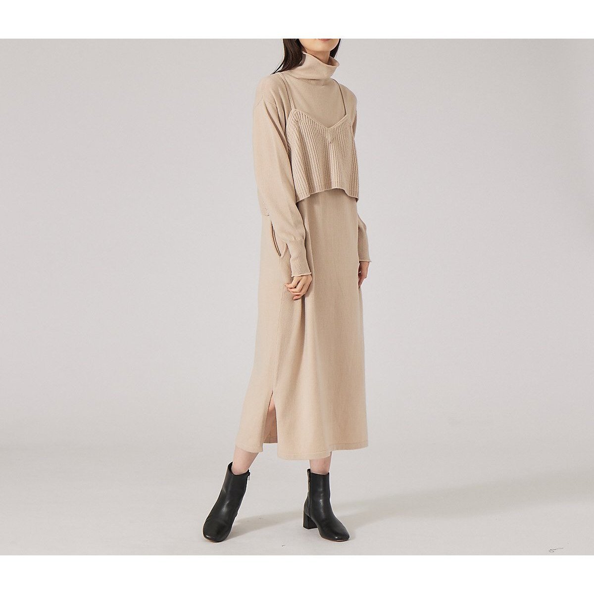 【カリテ/qualite】のレイヤードニットワンピース インテリア・キッズ・メンズ・レディースファッション・服の通販 founy(ファニー) 　ファッション　Fashion　レディースファッション　Fashion for Women　ワンピース　Dresses　ニットワンピース　Knit Dresses　イエロー　Yellow　キャミ　Camisole, Cami Top　ショート　Short, Short Length　スリット　Slit, Slit Detail　ベージュ|ID: prp329100004766214 ipo3291000000034509081