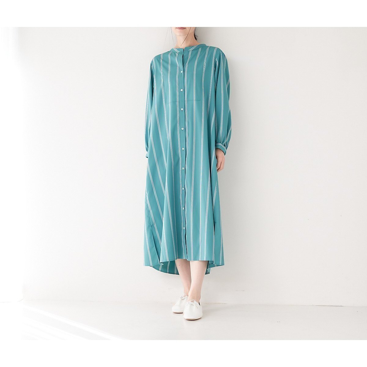 【コレックス/collex】の手洗い可能 ストライプフレアシャツワンピース インテリア・キッズ・メンズ・レディースファッション・服の通販 founy(ファニー) 　ファッション　Fashion　レディースファッション　Fashion for Women　ワンピース　Dresses　シャツワンピース / 1枚で着映えコーデ　Shirt Dresses　おすすめ　Recommended / Our Picks　ギャザー　Gathered, Ruffled　デニム　Denim, Jeans Material　ベスト　Vest, Waistcoat　羽織　Haori, Light Jacket　グリーン|ID: prp329100004766230 ipo3291000000034509181
