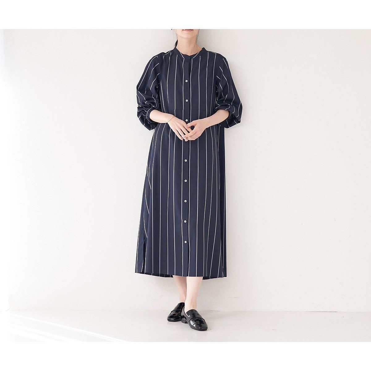 【コレックス/collex】の手洗い可能 ストライプフレアシャツワンピース インテリア・キッズ・メンズ・レディースファッション・服の通販 founy(ファニー) 　ファッション　Fashion　レディースファッション　Fashion for Women　ワンピース　Dresses　シャツワンピース / 1枚で着映えコーデ　Shirt Dresses　おすすめ　Recommended / Our Picks　ギャザー　Gathered, Ruffled　デニム　Denim, Jeans Material　ベスト　Vest, Waistcoat　羽織　Haori, Light Jacket　ネイビー|ID: prp329100004766230 ipo3291000000034509182