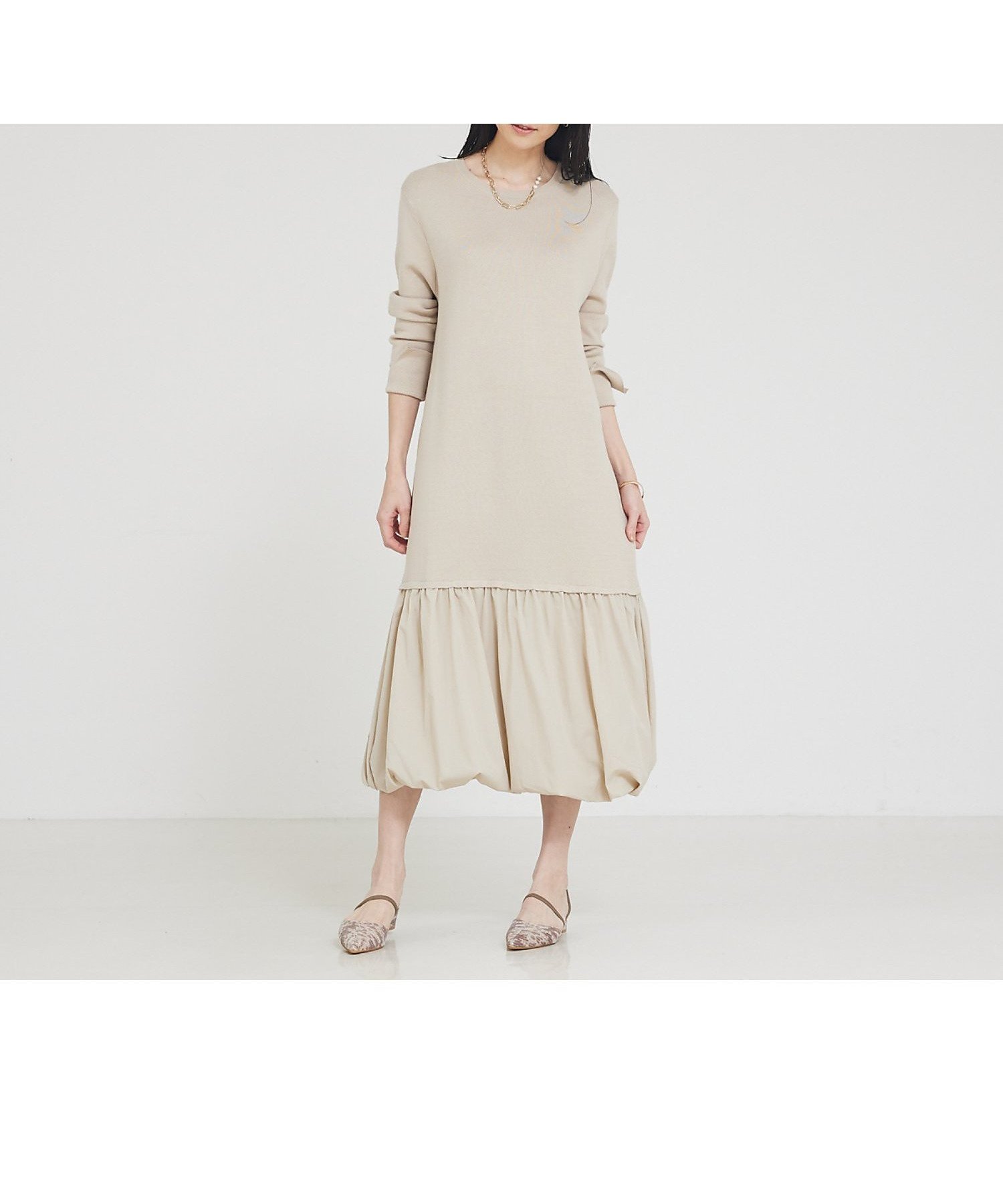 【アバハウスマヴィ/abahouse mavie】の【大人のいちまんワンピ】ニットコンビバルーンワンピ 人気、トレンドファッション・服の通販 founy(ファニー) 　ファッション　Fashion　レディースファッション　Fashion for Women　ワンピース　Dresses　シンプル　Simple, Minimal　ストレート　Straight, Straight Cut　スリット　Slit, Slit Detail　ドッキング　Docking, Mixed Material　ネックレス　Necklace, Pendant Necklace　バランス　Balance, Style Balance　バルーン　Balloon, Balloon Silhouette　ロング　Long, Long-Length　 other-1|ID: prp329100004766256 ipo3291000000034509372