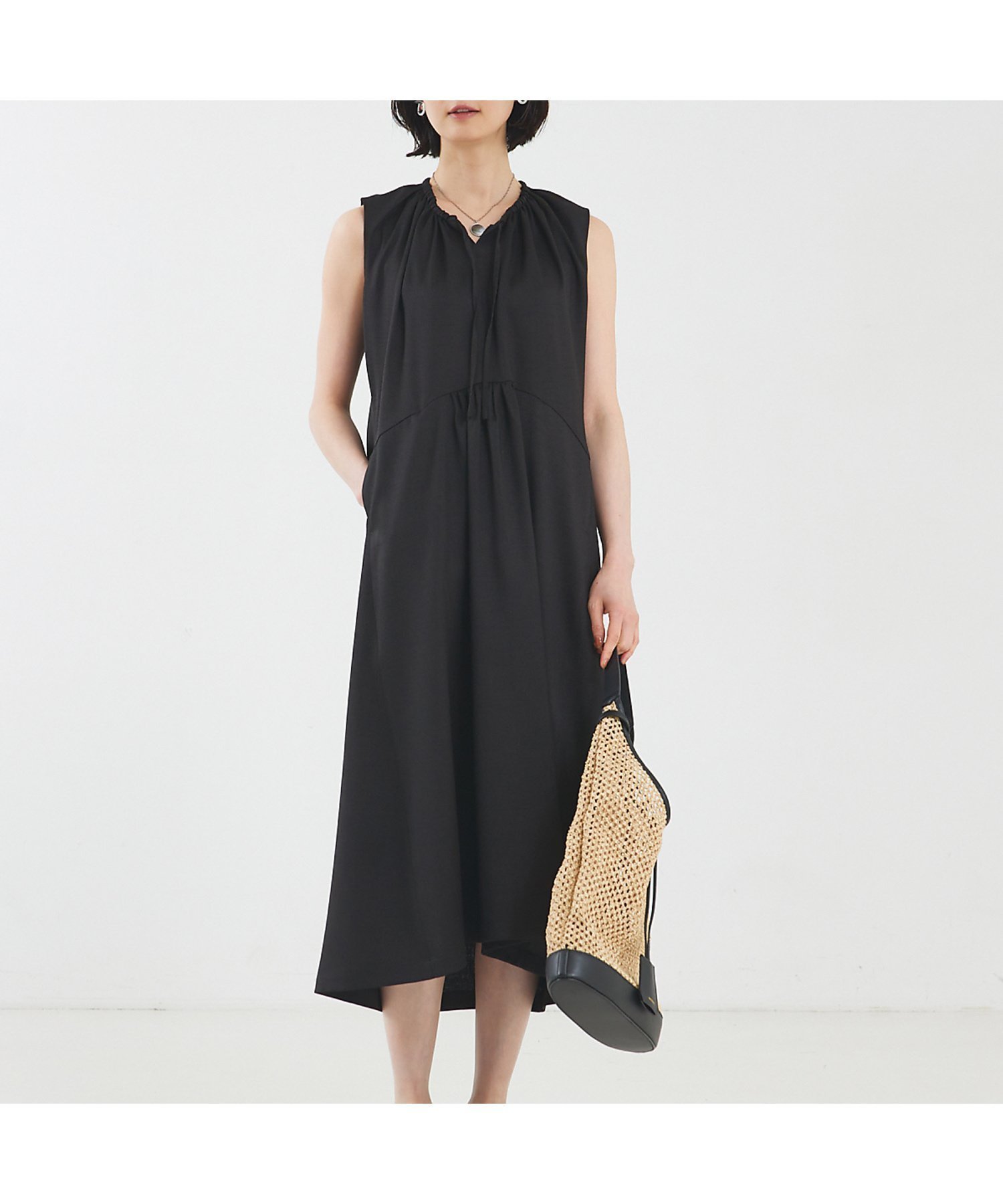 【カリテ/qualite】のリネンライクギャザーワンピース インテリア・キッズ・メンズ・レディースファッション・服の通販 founy(ファニー) 　ファッション　Fashion　レディースファッション　Fashion for Women　ワンピース　Dresses　おすすめ　Recommended / Our Picks　ギャザー　Gathered, Ruffled　ジャケット　Jacket, Outerwear　ポケット　Pocket, Pocket Detail　リゾート　Resort, Vacation Style　リネン　Linen, Linen Fabric　エレガント 上品　Elegant　夏　Summer　ブラック|ID: prp329100004766287 ipo3291000000034509561