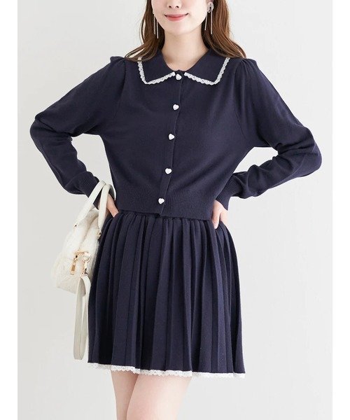 【ルディックパーク/LUDIC PARK】のSET レース襟付きカーディガン×プリーツスカート インテリア・キッズ・メンズ・レディースファッション・服の通販 founy(ファニー) ファッション Fashion レディースファッション Fashion for Women スカート Skirts プリーツスカート / 上品フェミニンスタイル Pleated Skirts カーディガン Cardigan, Knitwear ガーリー Girly, Feminine Style プリーツ Pleats, Pleated レース Lace, Lace Fabric 羽織 Haori, Light Jacket 紺|ID: prp329100004766311 ipo3291000000034509739