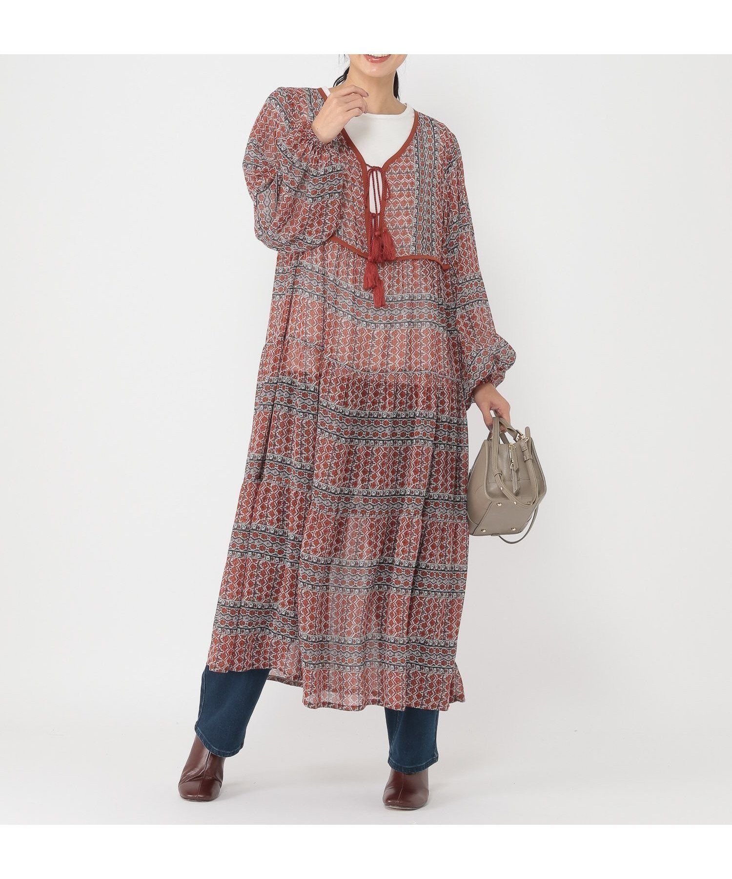 【スタディオ クリップ/studio CLIP】の《ウタオ》エスニック柄ティアードワンピース インテリア・キッズ・メンズ・レディースファッション・服の通販 founy(ファニー) 　ファッション　Fashion　レディースファッション　Fashion for Women　ワンピース　Dresses　おすすめ　Recommended / Our Picks　インナー　Innerwear　エスニック　Ethnic Style　ギャザー　Gathered, Ruffled　サンダル　Sandals, Summer Shoes　ショート　Short, Short Length　ティアード　Tiered, Tiered Style　ティアードワンピース　Tiered Dress, Flared Dress　夏　Summer　秋　Autumn　長袖　Long Sleeve, Full Sleeve　ブラウン50|ID: prp329100004766312 ipo3291000000034509741