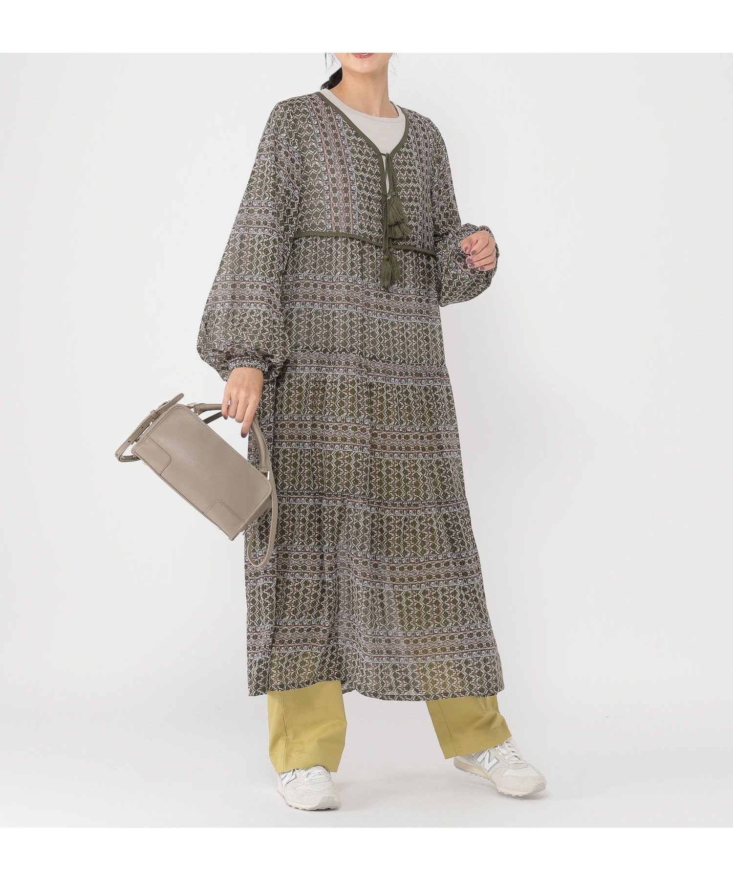 【スタディオ クリップ/studio CLIP】の《ウタオ》エスニック柄ティアードワンピース インテリア・キッズ・メンズ・レディースファッション・服の通販 founy(ファニー) 　ファッション　Fashion　レディースファッション　Fashion for Women　ワンピース　Dresses　おすすめ　Recommended / Our Picks　インナー　Innerwear　エスニック　Ethnic Style　ギャザー　Gathered, Ruffled　サンダル　Sandals, Summer Shoes　ショート　Short, Short Length　ティアード　Tiered, Tiered Style　ティアードワンピース　Tiered Dress, Flared Dress　夏　Summer　秋　Autumn　長袖　Long Sleeve, Full Sleeve　カーキ78|ID: prp329100004766312 ipo3291000000034509743