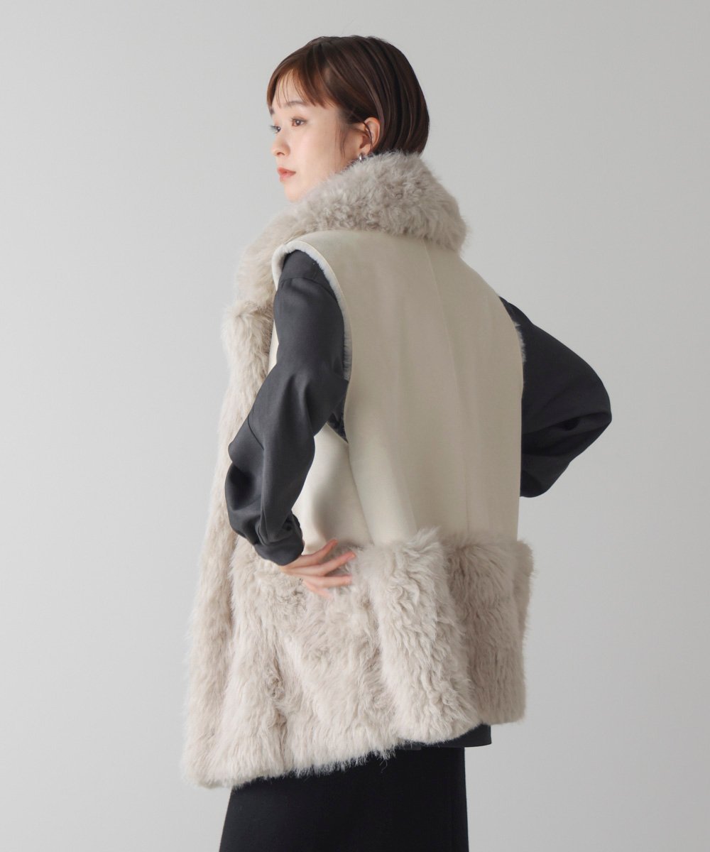 【バブ ブージュルード/Bab Bou Jeloud】のファームートン切替コクーンベスト インテリア・キッズ・メンズ・レディースファッション・服の通販 founy(ファニー) 　ファッション　Fashion　レディースファッション　Fashion for Women　アウター　Coat / Outerwear Collection　トップス・カットソー　Cut & Sew Tops　ベスト&ジレ / 重ね着スタイル　Vests & Gilets　なめらか　Smooth, Silky Texture　シンプル　Simple, Minimal　フロント　Front, Front Design　エレガント 上品　Elegant　再入荷　Restock / Back in Stock　切替　Switching, Contrast Panel　グレージュ|ID: prp329100004766546 ipo3291000000034513846