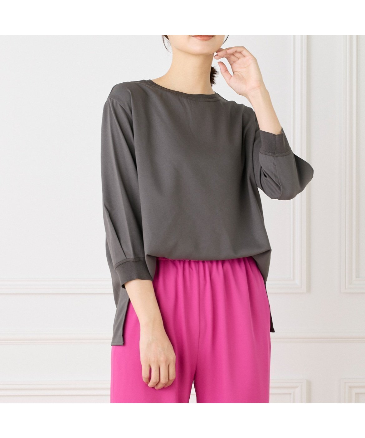 【イネド/INED】の異素材リブ 七分袖プルオーバー インテリア・キッズ・メンズ・レディースファッション・服の通販 founy(ファニー) 　ファッション　Fashion　レディースファッション　Fashion for Women　トップス・カットソー　Cut & Sew Tops　カジュアルプルオーバー・ニットトップス　Pullovers & Knit Tops / Casual Pullovers　ジャケット　Jacket, Outerwear　スマート　Smart, Elegant　スリット　Slit, Slit Detail　バランス　Balance, Style Balance　ビンテージ　Vintage, Retro Style　チャコールグレー|ID: prp329100004766938 ipo3291000000034519237