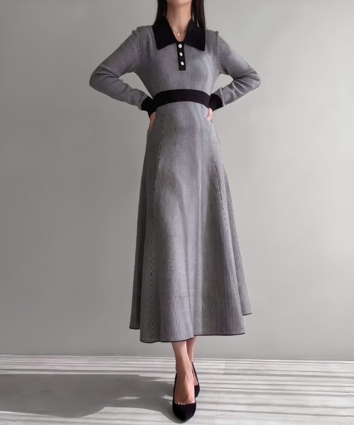 【ジュノア/JUNOAH】の千鳥チェックビジュー釦ニットワンピース インテリア・キッズ・メンズ・レディースファッション・服の通販 founy(ファニー) https://founy.com/ ファッション Fashion レディースファッション Fashion for Women ワンピース Dresses ニットワンピース Knit Dresses |ID: prp329100004766956 ipo3291000000034519474