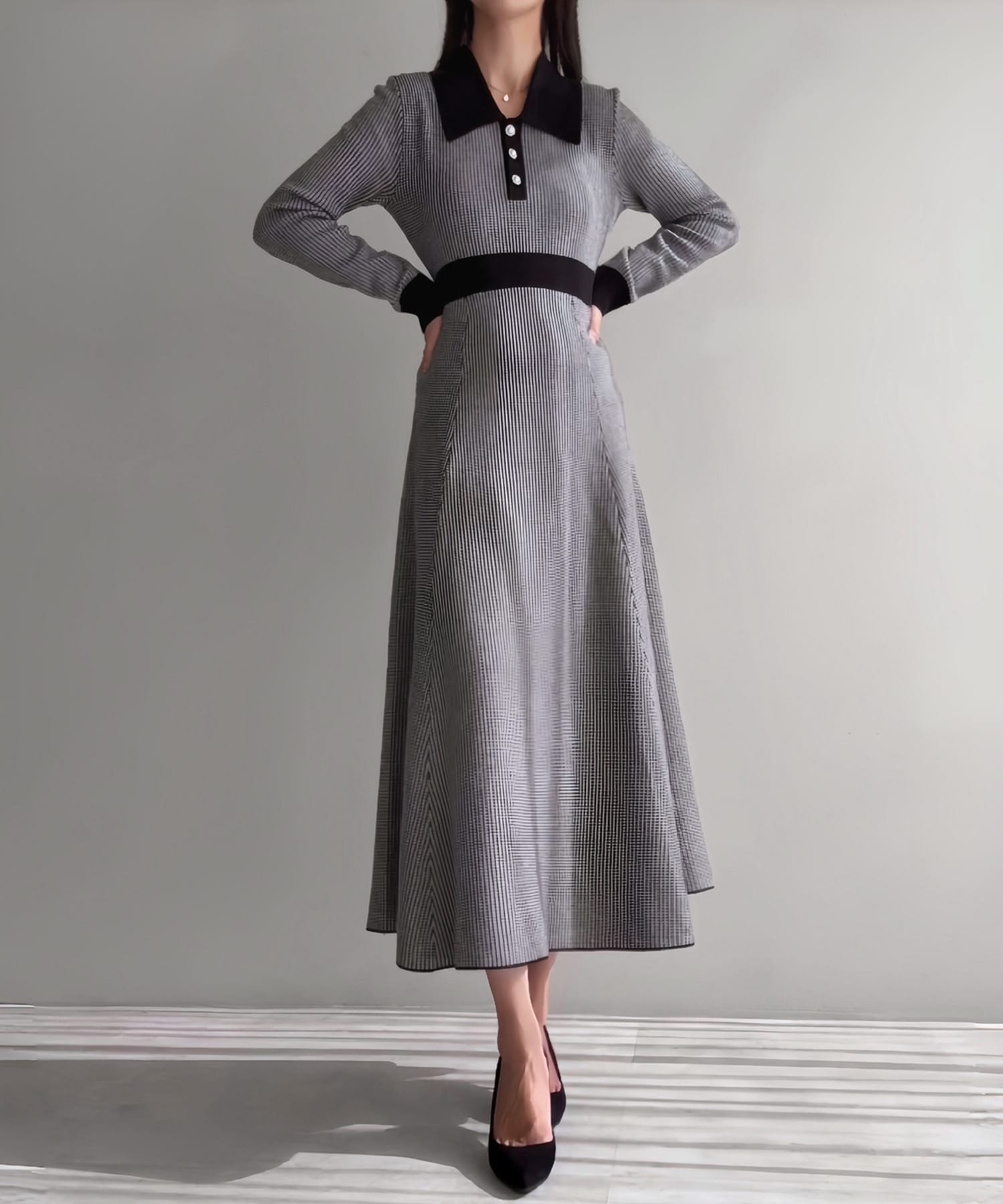 【ジュノア/JUNOAH】の千鳥チェックビジュー釦ニットワンピース 人気、トレンドファッション・服の通販 founy(ファニー) 　ファッション　Fashion　レディースファッション　Fashion for Women　ワンピース　Dresses　ニットワンピース　Knit Dresses　 other-1|ID: prp329100004766956 ipo3291000000034519474