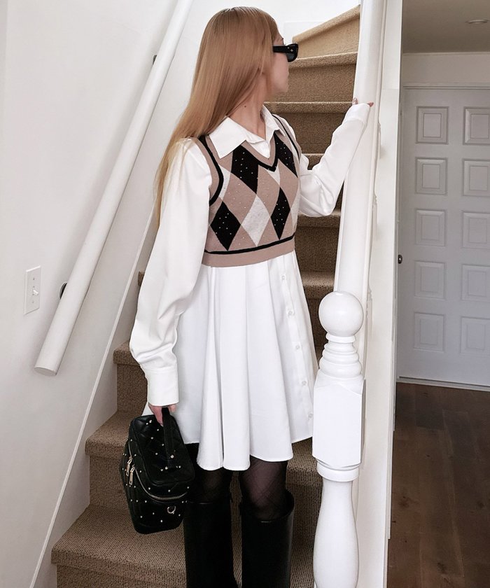 【ロイヤルパーティー/ROYAL PARTY】のアーガイルベスト付シャツミニワンピース インテリア・キッズ・メンズ・レディースファッション・服の通販 founy(ファニー) https://founy.com/ ファッション Fashion レディースファッション Fashion for Women アウター Coat / Outerwear Collection ストーン Stone, Gem-Like フロント Front, Front Design ベスト Vest, Waistcoat |ID: prp329100004766973 ipo3291000000034519679