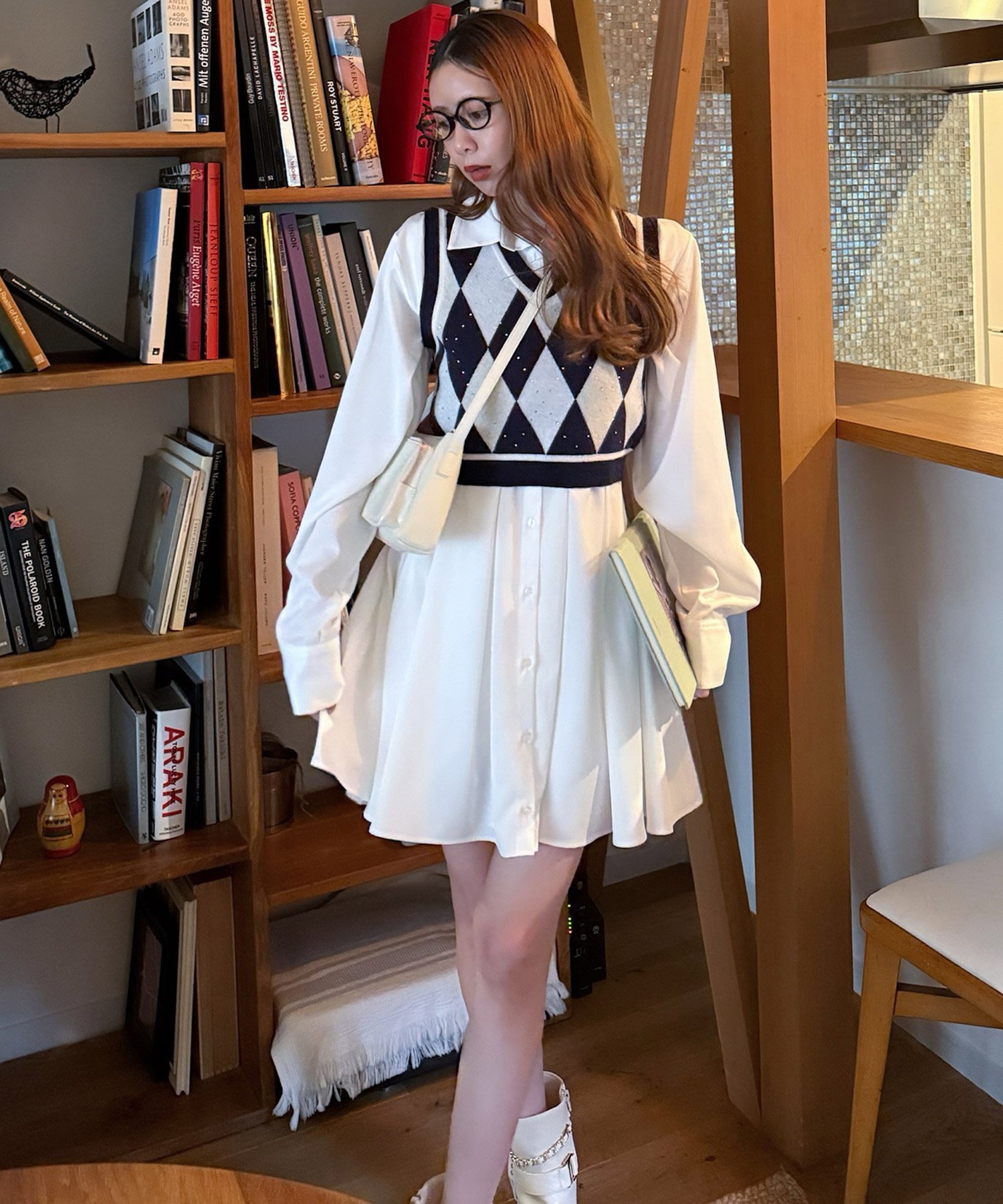 【ロイヤルパーティー/ROYAL PARTY】のアーガイルベスト付シャツミニワンピース インテリア・キッズ・メンズ・レディースファッション・服の通販 founy(ファニー) 　ファッション　Fashion　レディースファッション　Fashion for Women　アウター　Coat / Outerwear Collection　ストーン　Stone, Gem-Like　フロント　Front, Front Design　ベスト　Vest, Waistcoat　ネイビー|ID: prp329100004766973 ipo3291000000034519681