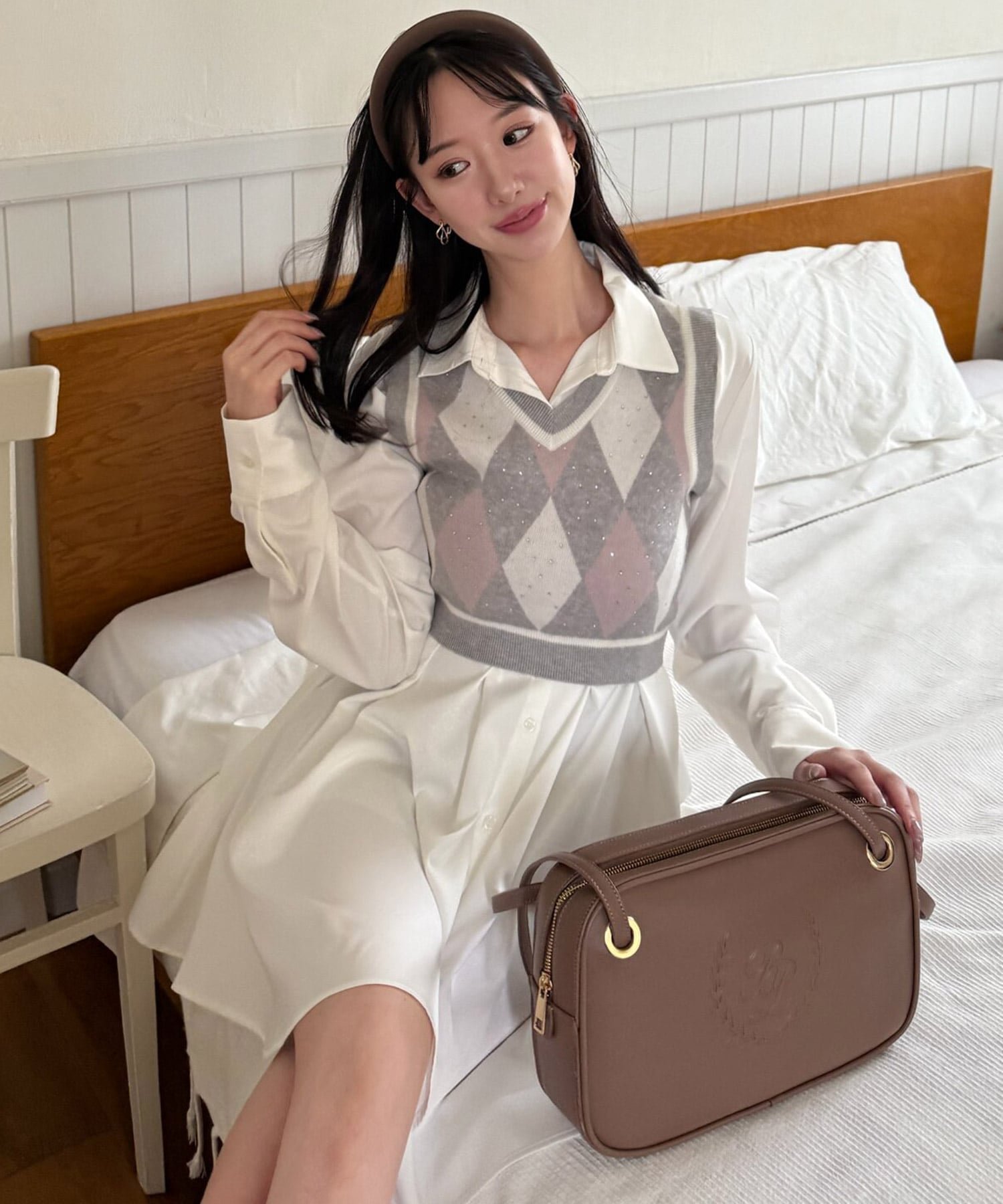 【ロイヤルパーティー/ROYAL PARTY】のアーガイルベスト付シャツミニワンピース インテリア・キッズ・メンズ・レディースファッション・服の通販 founy(ファニー) 　ファッション　Fashion　レディースファッション　Fashion for Women　アウター　Coat / Outerwear Collection　ストーン　Stone, Gem-Like　フロント　Front, Front Design　ベスト　Vest, Waistcoat　ライトグレー|ID: prp329100004766973 ipo3291000000034519683