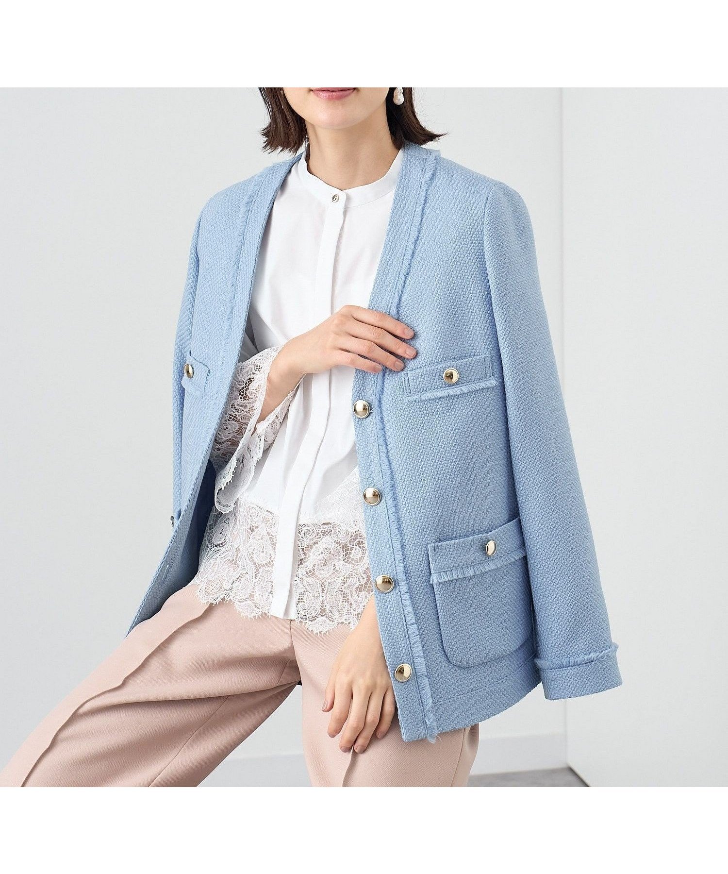 【アナイ/ANAYI】の【セットアップ対応商品】ウールプリペラVネックロング ジャケット インテリア・キッズ・メンズ・レディースファッション・服の通販 founy(ファニー) 　ファッション　Fashion　レディースファッション　Fashion for Women　アウター　Coat / Outerwear Collection　レディースジャケット・軽アウター　Jackets　カーディガン　Cardigan, Knitwear　ショート　Short, Short Length　シンプル　Simple, Minimal　ジャケット　Jacket, Outerwear　スマート　Smart, Elegant　セットアップ　Set-Up, Coordinated Outfit　バスケット　Basket, Basket Bag　フリンジ　Fringe, Tassel　ポケット　Pocket, Pocket Detail　メタル　Metal, Metal Parts　ロング　Long, Long-Length　A/W・秋冬　Autumn/Winter　再入荷　Restock / Back in Stock　blue|ID: prp329100004767631 ipo3291000000034527856