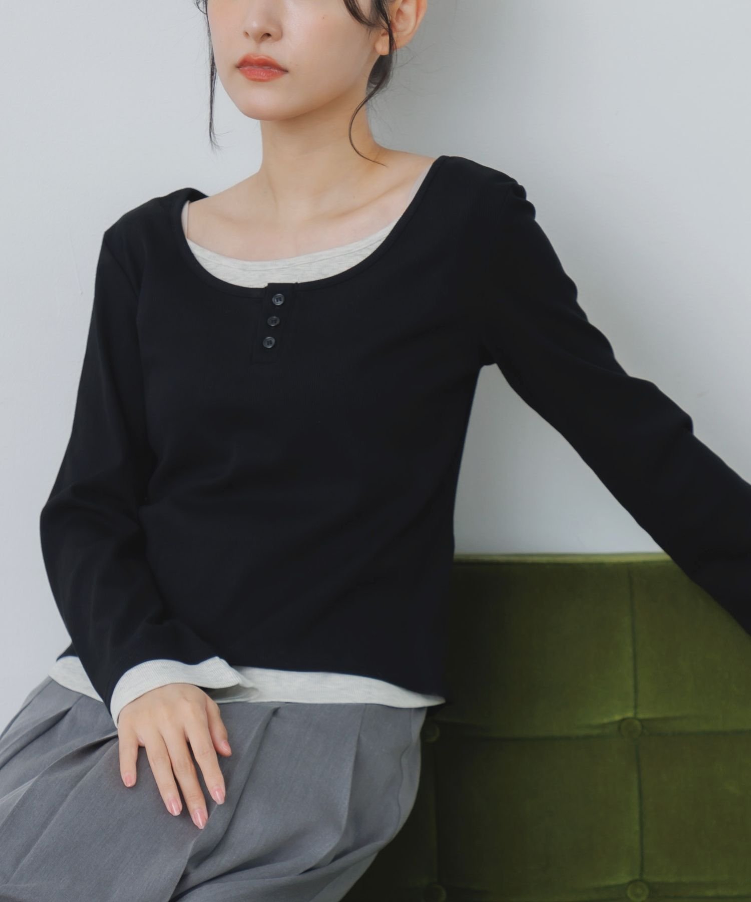 【レトロガール/RETRO GIRL】のレイヤード風テレコCT インテリア・キッズ・メンズ・レディースファッション・服の通販 founy(ファニー) 　ファッション　Fashion　レディースファッション　Fashion for Women　アウター　Coat / Outerwear Collection　インナー　Innerwear　シンプル　Simple, Minimal　スリーブ　Sleeve, Long Sleeve / Short Sleeve　テレコ　Ribbed, Rib Stitch　トレンド　Trend, Trending Now　フレア　Flare, Flared　ベーシック　Basic, Essential　ボトム　Bottoms, Lower Wear　秋　Autumn　ブラック|ID: prp329100004767734 ipo3291000000034529428