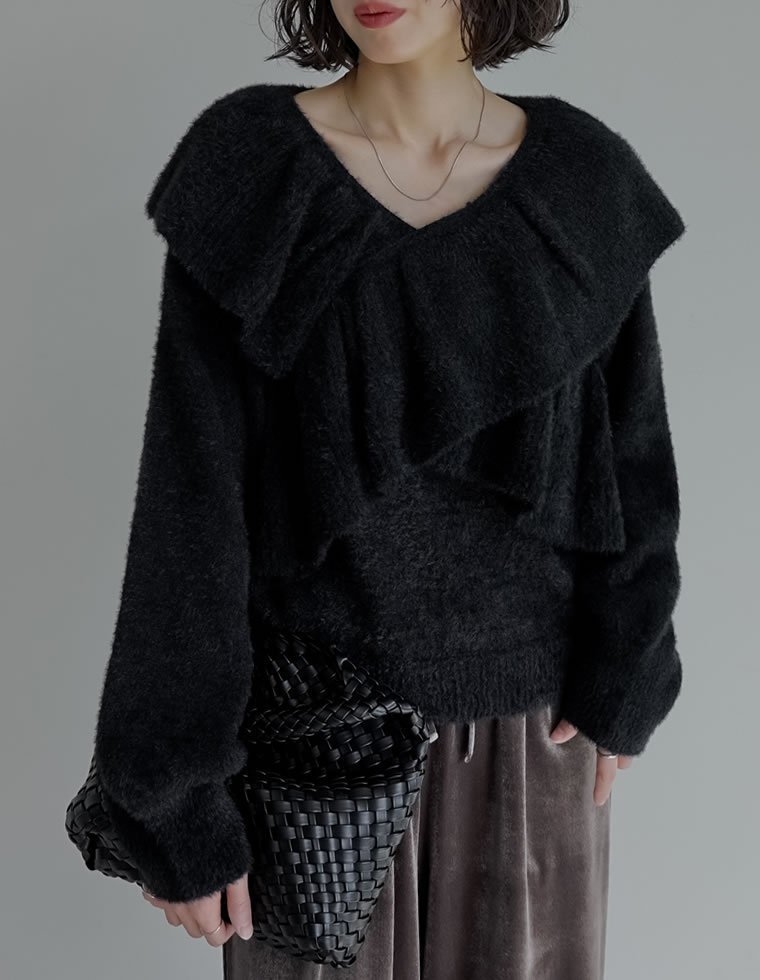 【リエディ/Re:EDIT】のクロスフリルニットプルオーバー 人気、トレンドファッション・服の通販 founy(ファニー) 　ファッション　Fashion　レディースファッション　Fashion for Women　トップス・カットソー　Cut & Sew Tops　ニット　Knit Tops & Sweaters　カジュアルプルオーバー・ニットトップス　Pullovers & Knit Tops / Casual Pullovers　おすすめ　Recommended / Our Picks　シンプル　Simple, Minimal　スラックス　Slacks, Dress Pants　デニム　Denim, Jeans Material　ハイネック　High Neck, Mock Neck　フリル　Frill, Ruffle　ベーシック　Basic, Essential　ボトム　Bottoms, Lower Wear　リブニット　Rib Knit, Ribbed Knit　エレガント 上品　Elegant　 other-1|ID: prp329100004768008 ipo3291000000034904784