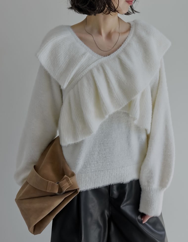 【リエディ/Re:EDIT】のクロスフリルニットプルオーバー インテリア・キッズ・メンズ・レディースファッション・服の通販 founy(ファニー) 　ファッション　Fashion　レディースファッション　Fashion for Women　トップス・カットソー　Cut & Sew Tops　ニット　Knit Tops & Sweaters　カジュアルプルオーバー・ニットトップス　Pullovers & Knit Tops / Casual Pullovers　おすすめ　Recommended / Our Picks　シンプル　Simple, Minimal　スラックス　Slacks, Dress Pants　デニム　Denim, Jeans Material　ハイネック　High Neck, Mock Neck　フリル　Frill, Ruffle　ベーシック　Basic, Essential　ボトム　Bottoms, Lower Wear　リブニット　Rib Knit, Ribbed Knit　エレガント 上品　Elegant　アイボリー|ID: prp329100004768008 ipo3291000000034904786