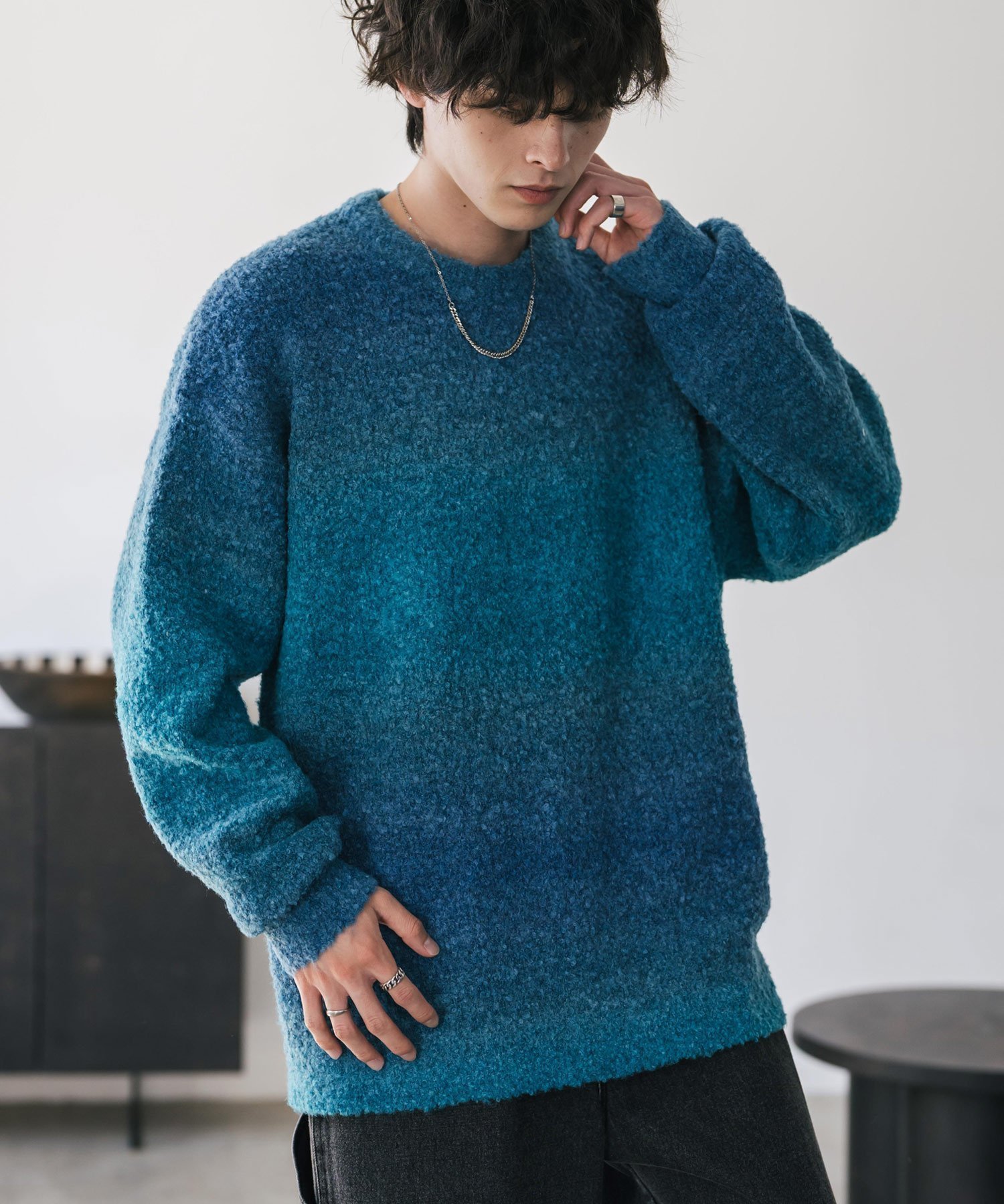 【ロッキーモンロー/Rocky Monroe】のブークレー段染めグラデーションボーダー柄オーバーサイズクルーニット インテリア・キッズ・メンズ・レディースファッション・服の通販 founy(ファニー) 　ファッション　Fashion　レディースファッション　Fashion for Women　トップス・カットソー　Cut & Sew Tops　ニット　Knit Tops & Sweaters　イエロー　Yellow　インナー　Innerwear　カットソー　Cut and Sewn Top　グラデーション　Gradient, Ombre　ハイネック　High Neck, Mock Neck　バランス　Balance, Style Balance　ボーダー　Border, Stripe　メンズ　Men's, Menswear　リラックス　Relax, Relaxed Fit　ワイド　Wide, Wide Fit　再入荷　Restock / Back in Stock　おすすめ　Recommended / Our Picks　エレガント 上品　Elegant　2025年　2025　2025-2026秋冬・A/W　Autumn/Winter 2025–26 AW25–26　ブルー|ID: prp329100004768493 ipo3291000000034601503